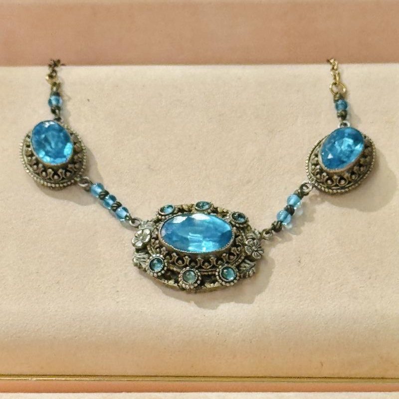 Antique Czechoslovakian 1920s Or Earlier Hand Bezel Set Blue Glass Filigree Necklace (C003)