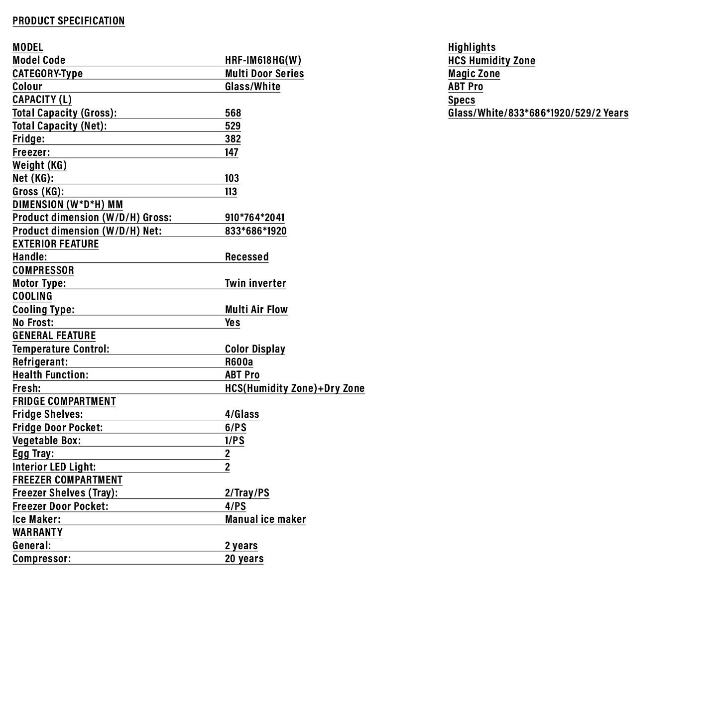 Haier 618L Multi-Door Inverter Glass Fridge White (HRF-IM618HG)
