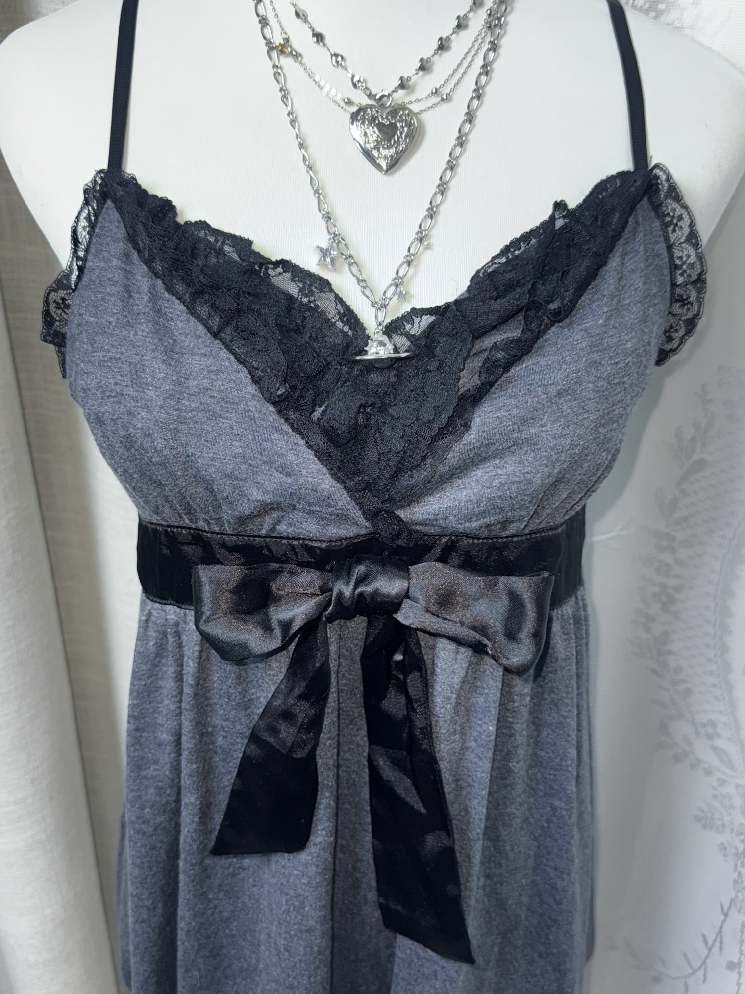 Lace-Trim Babydoll Dress with Satin Bow