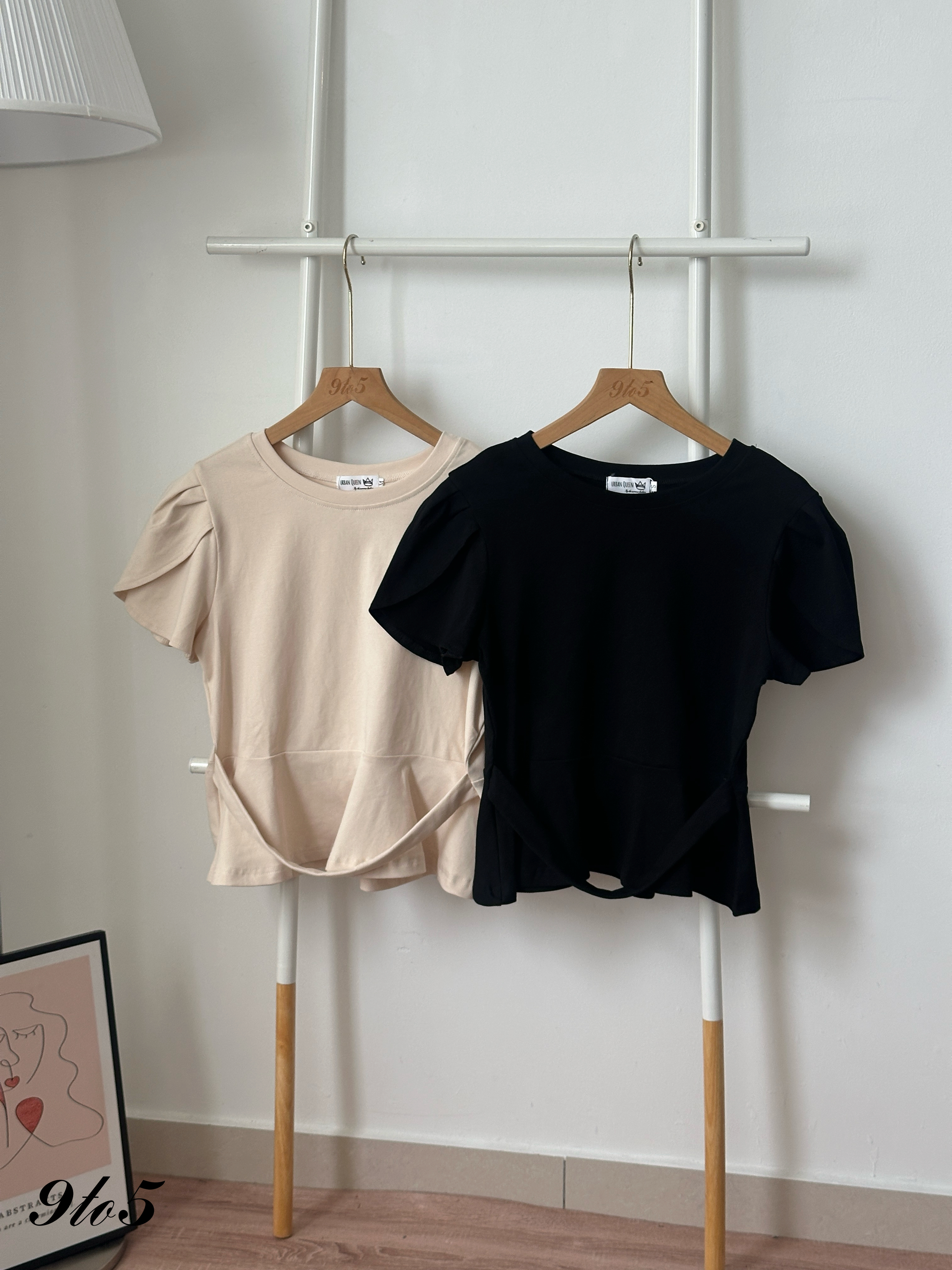T4433 Puff Sleeve Peplum Top - Beige & Black