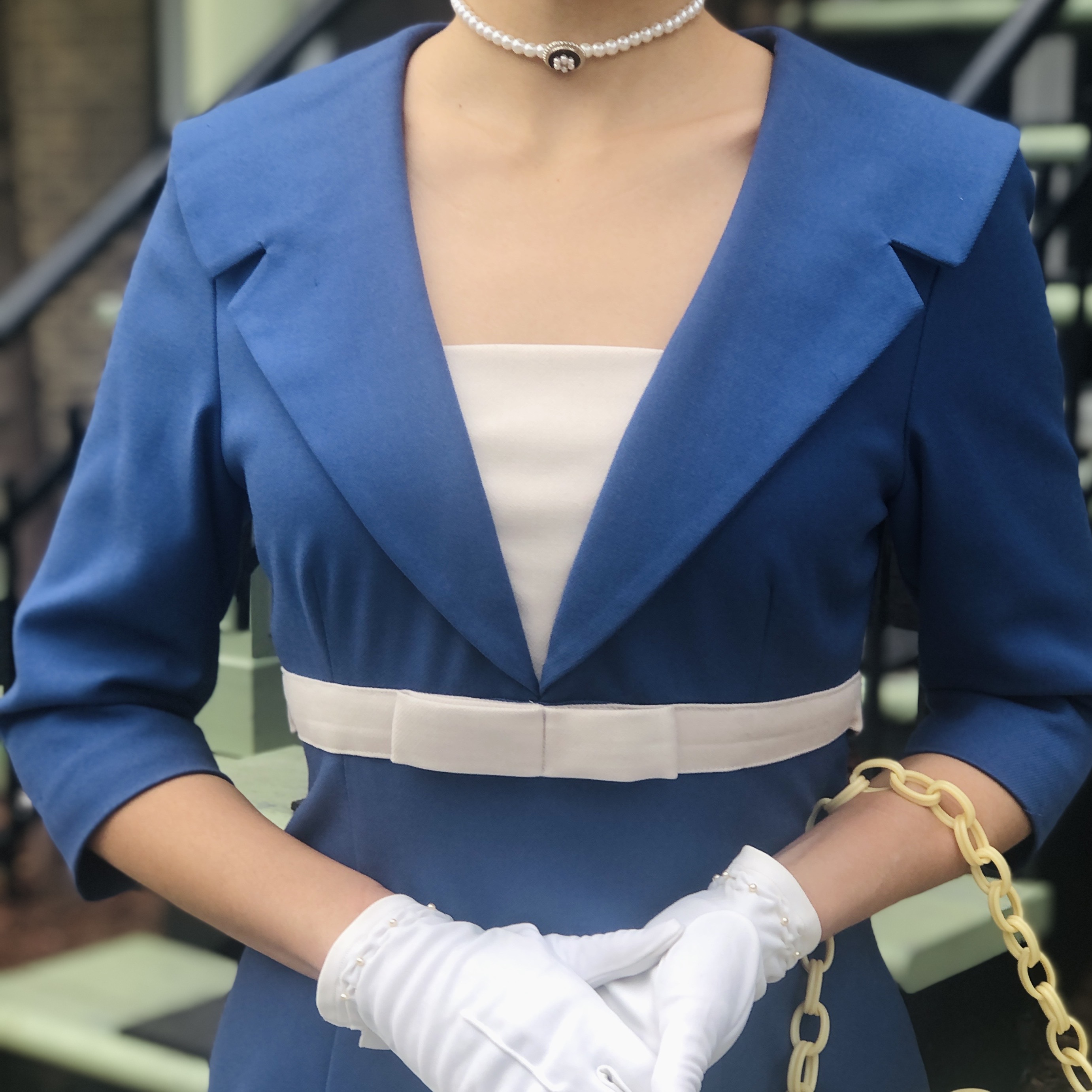 (Ready Made) 1960s Style Blue & White Secretary Wiggle Dress(FM193)