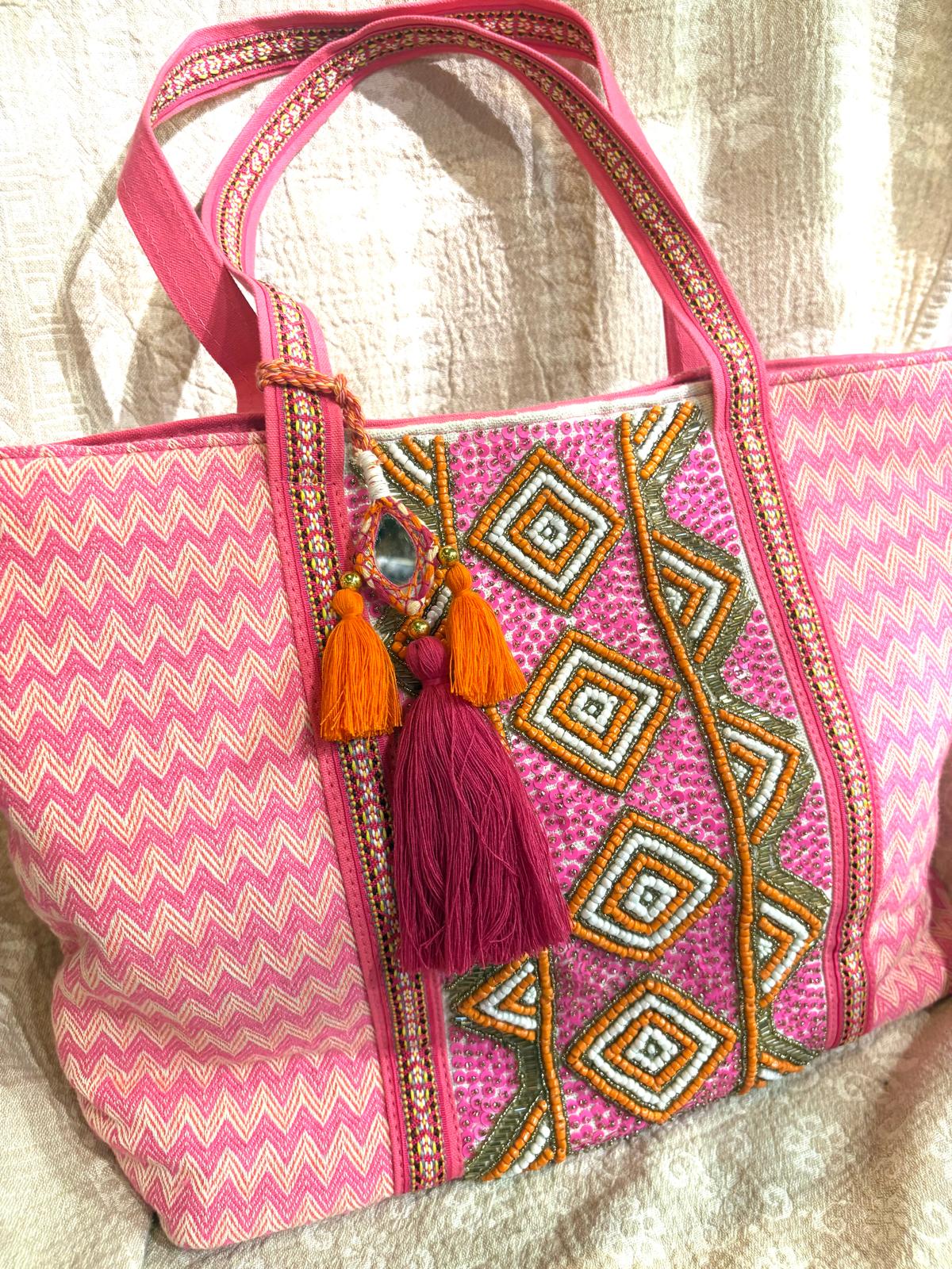 印度製造 - 粉紅色珠串刺繡袋