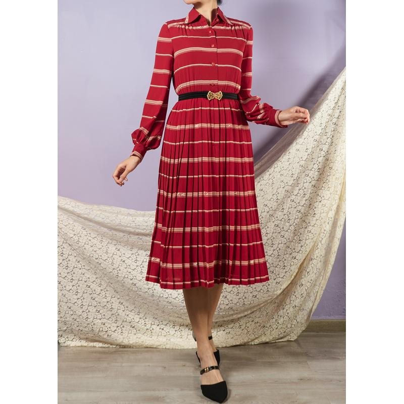 Vintage Japanese Linear Pattern Red Shirtdress Pleated Day Dress(MT1608-104)