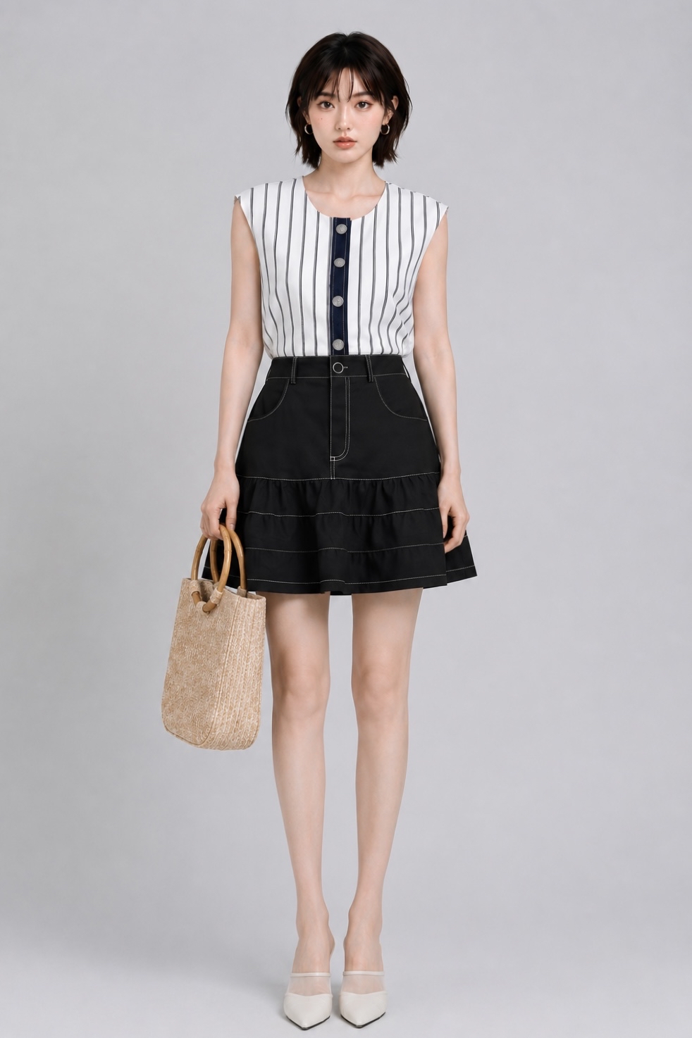 E8259BB Mila Striped Button Detail Crop Top