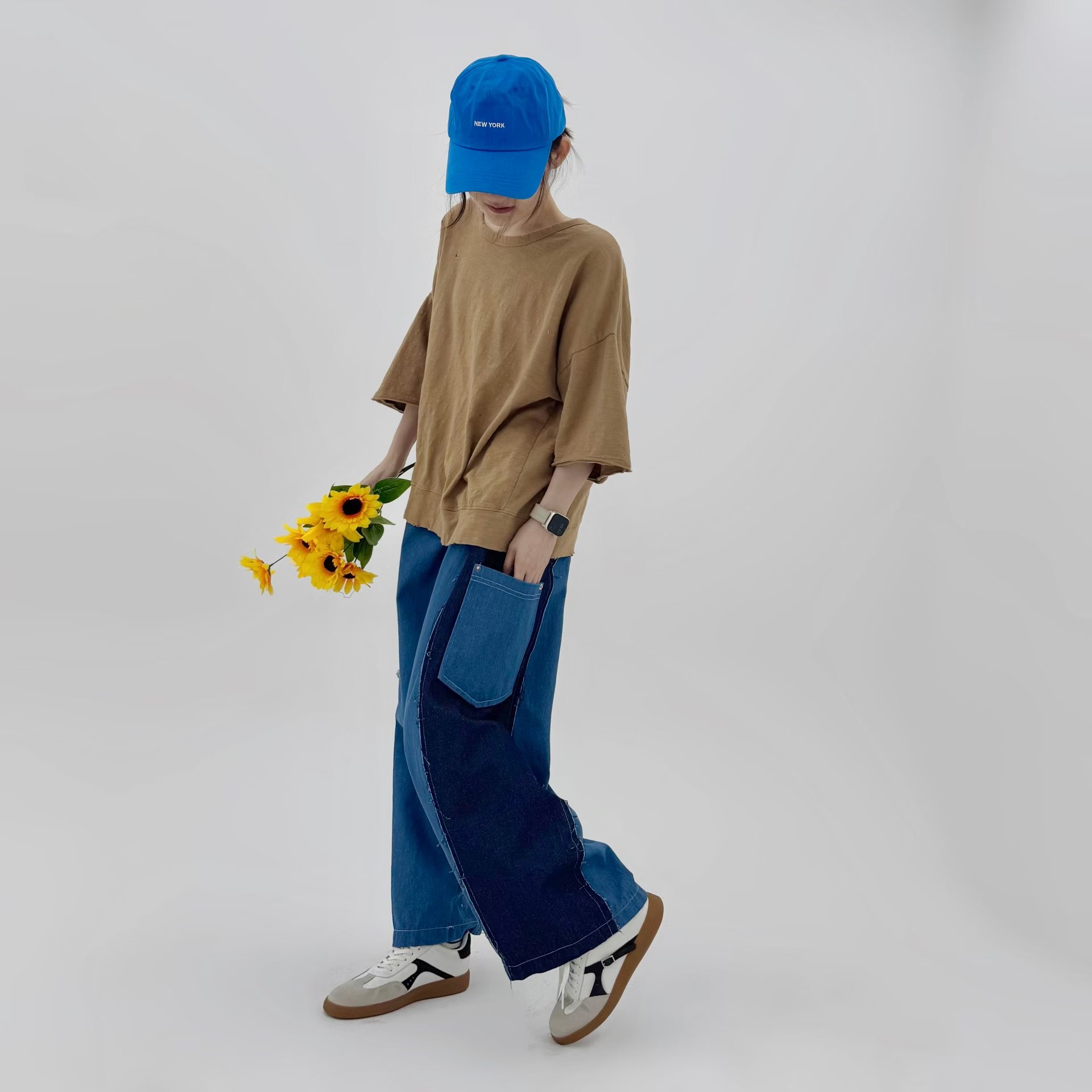 撞色拼接寬鬆牛仔褲