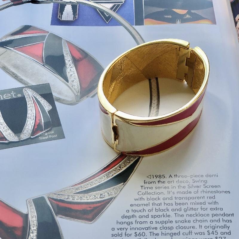 C.a. 1980s Monet Red X Ivory Geometric Enamel Jewelry New Old Stock- Bangle Bracelet (MT1622)