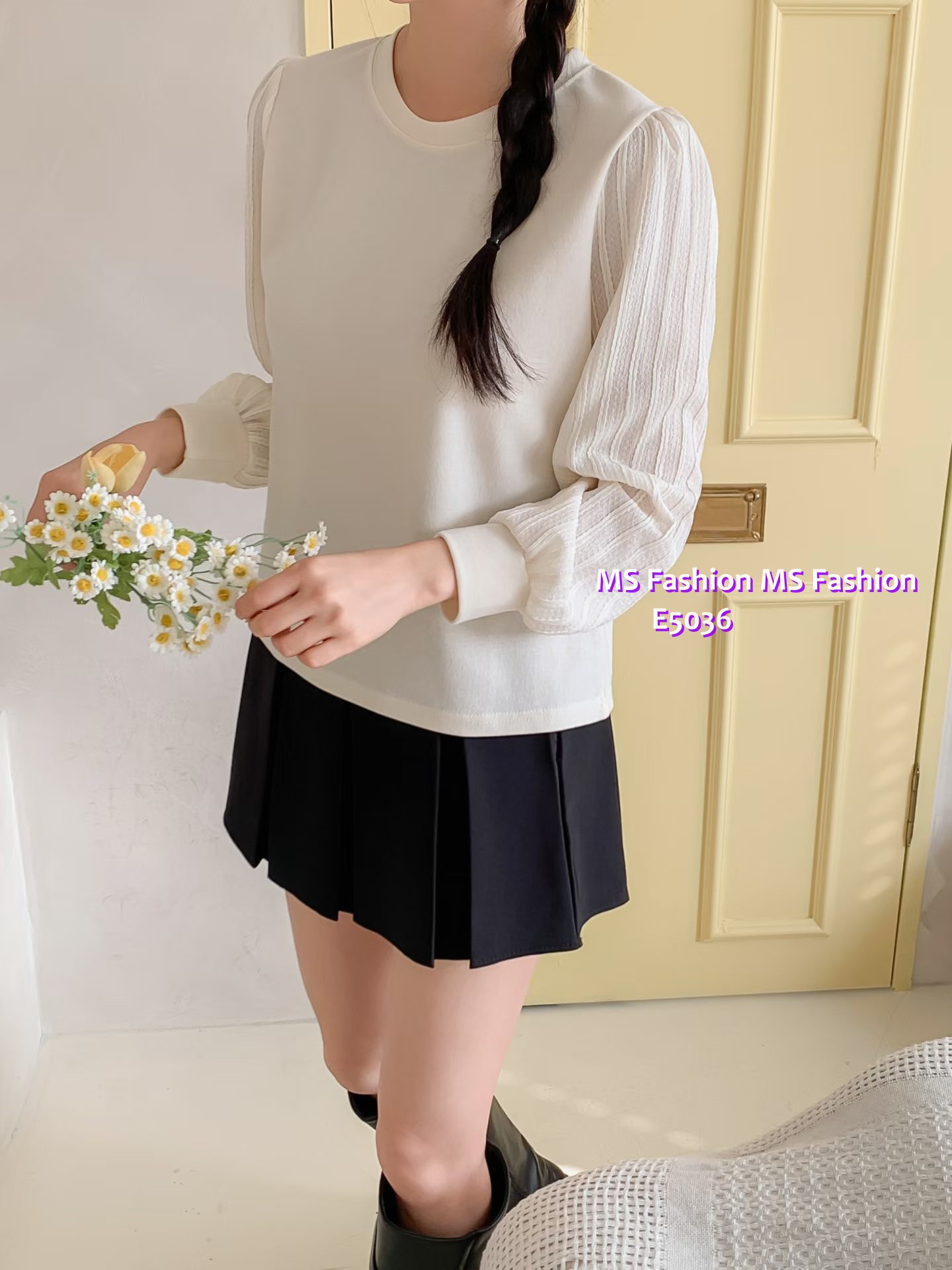 E5036 拼直紋袖top