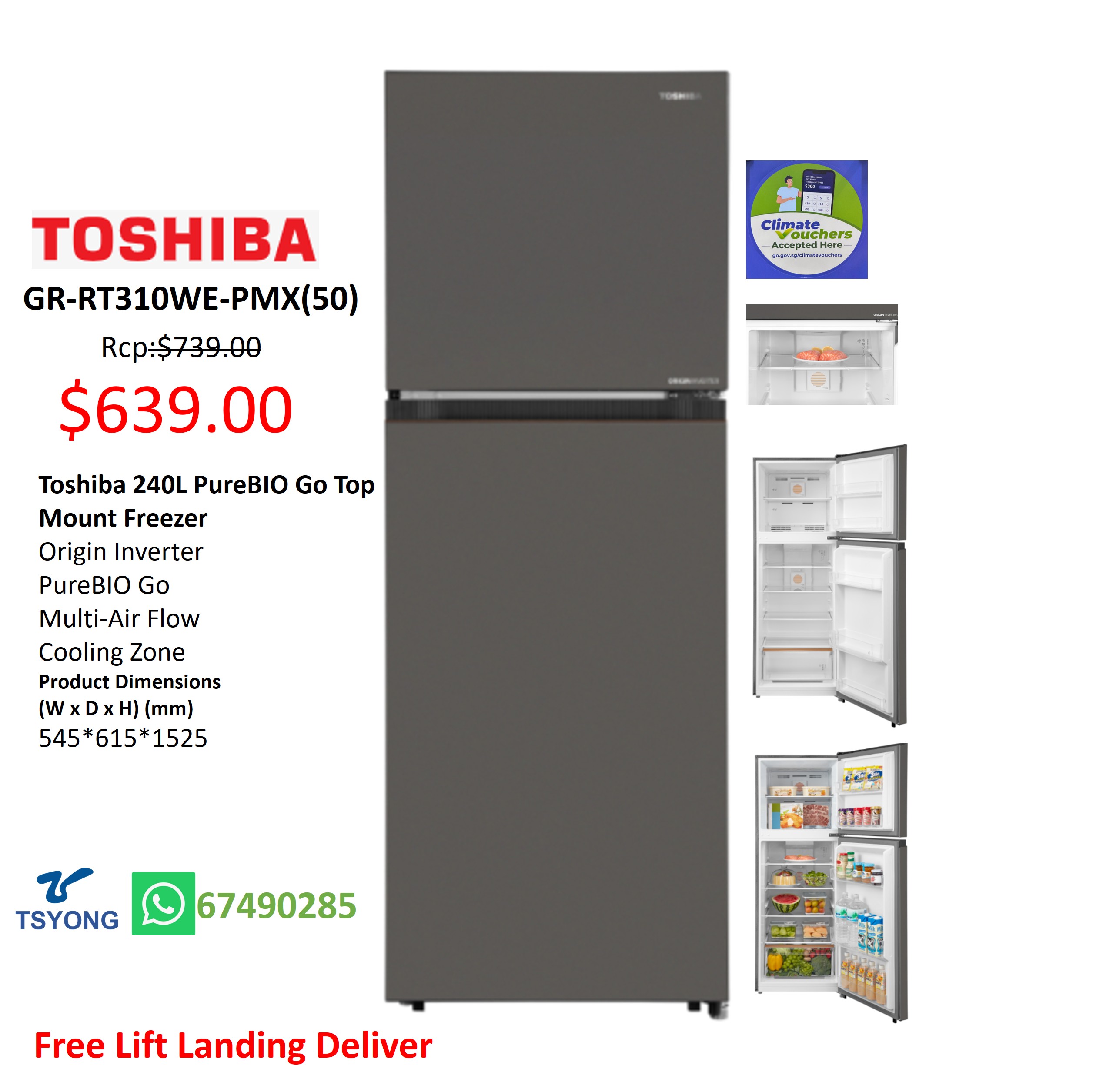 Toshiba 240L PureBIO Go Top Mount Freezer GR-RT310WE-PMX(50)