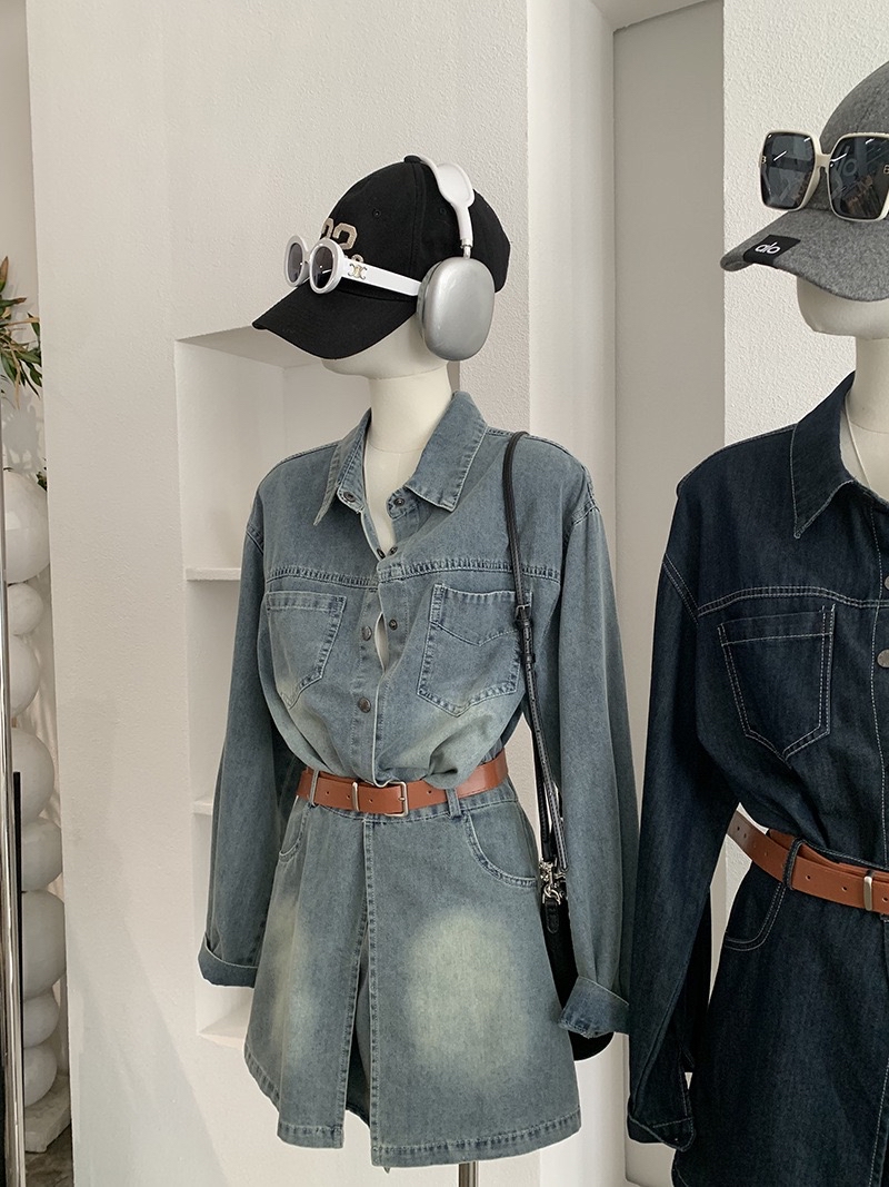 韩版宽松中长款牛仔衬衫+屁帘两件套装