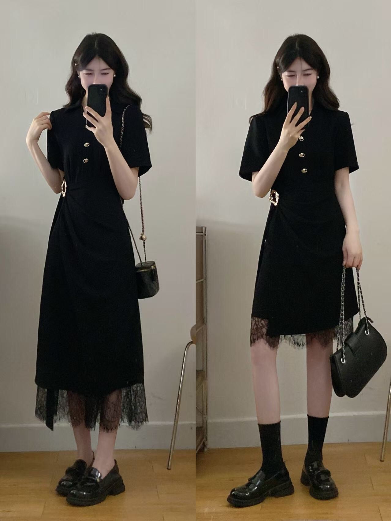 B128(3099短) 短款法式前半不规则金钮腰边大金扣下摆拼蕾丝黑连身裙 