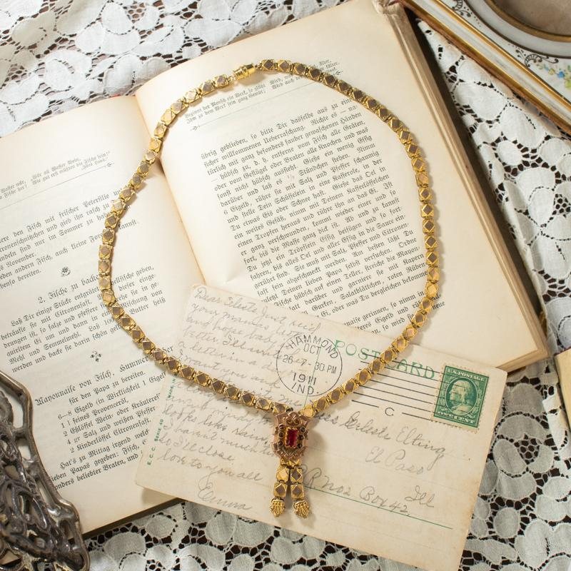 Antique Victorian Ruby Glass Book Chain Short Lariat Necklace (CA302)