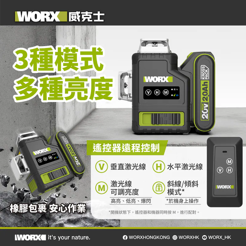 WORX 20V 12線綠光平水儀  WU005 (2.0Ah電x1+2A充)/淨機