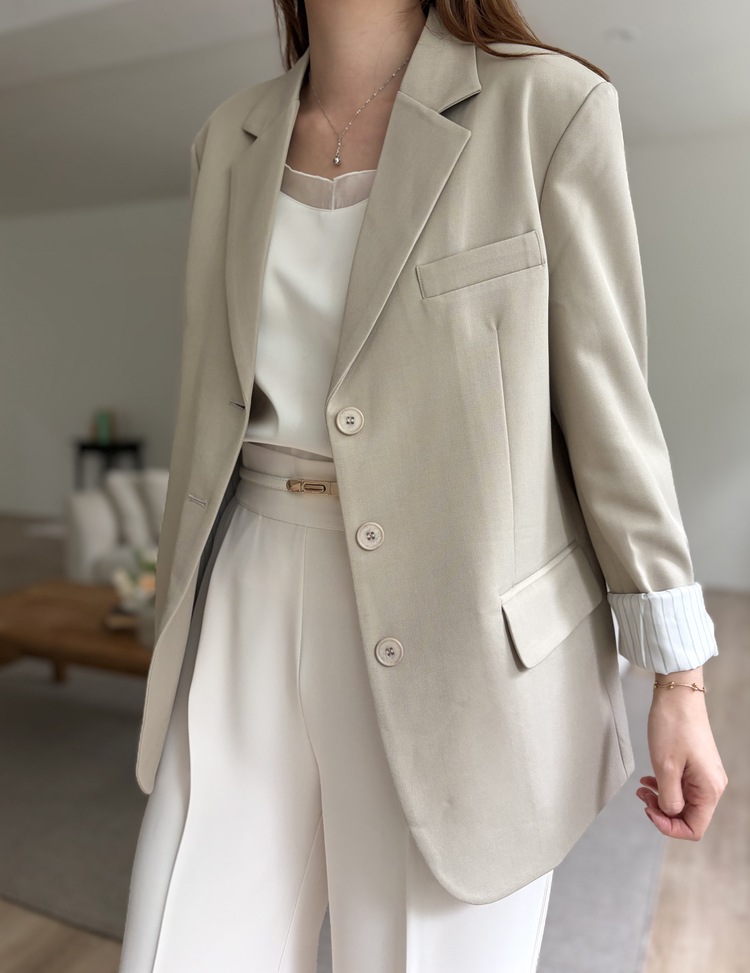 Margot Blazer with Striped Cuffs (Beige)