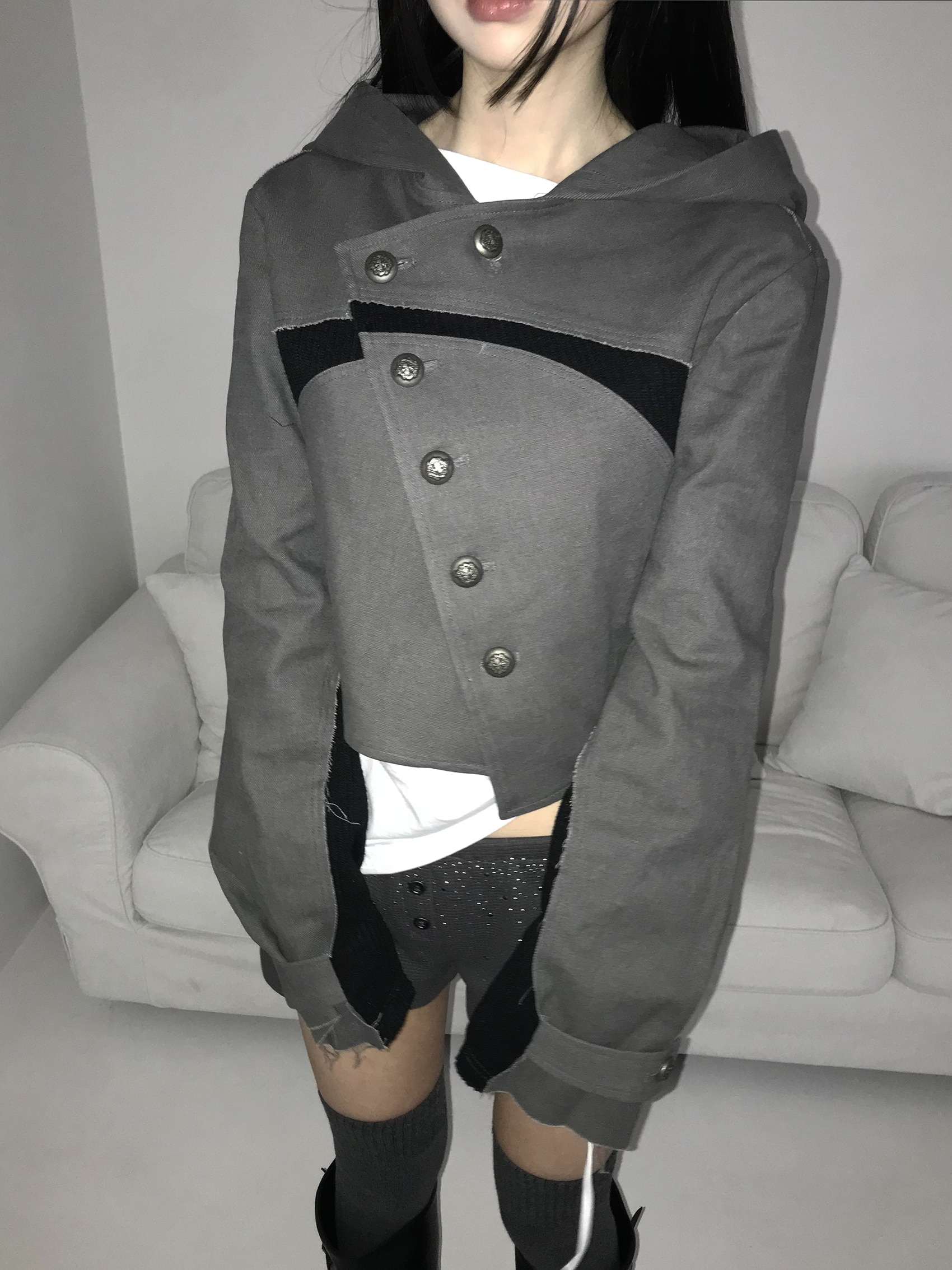 Asymmetric Raw-Edge Hooded Cropped Jacket