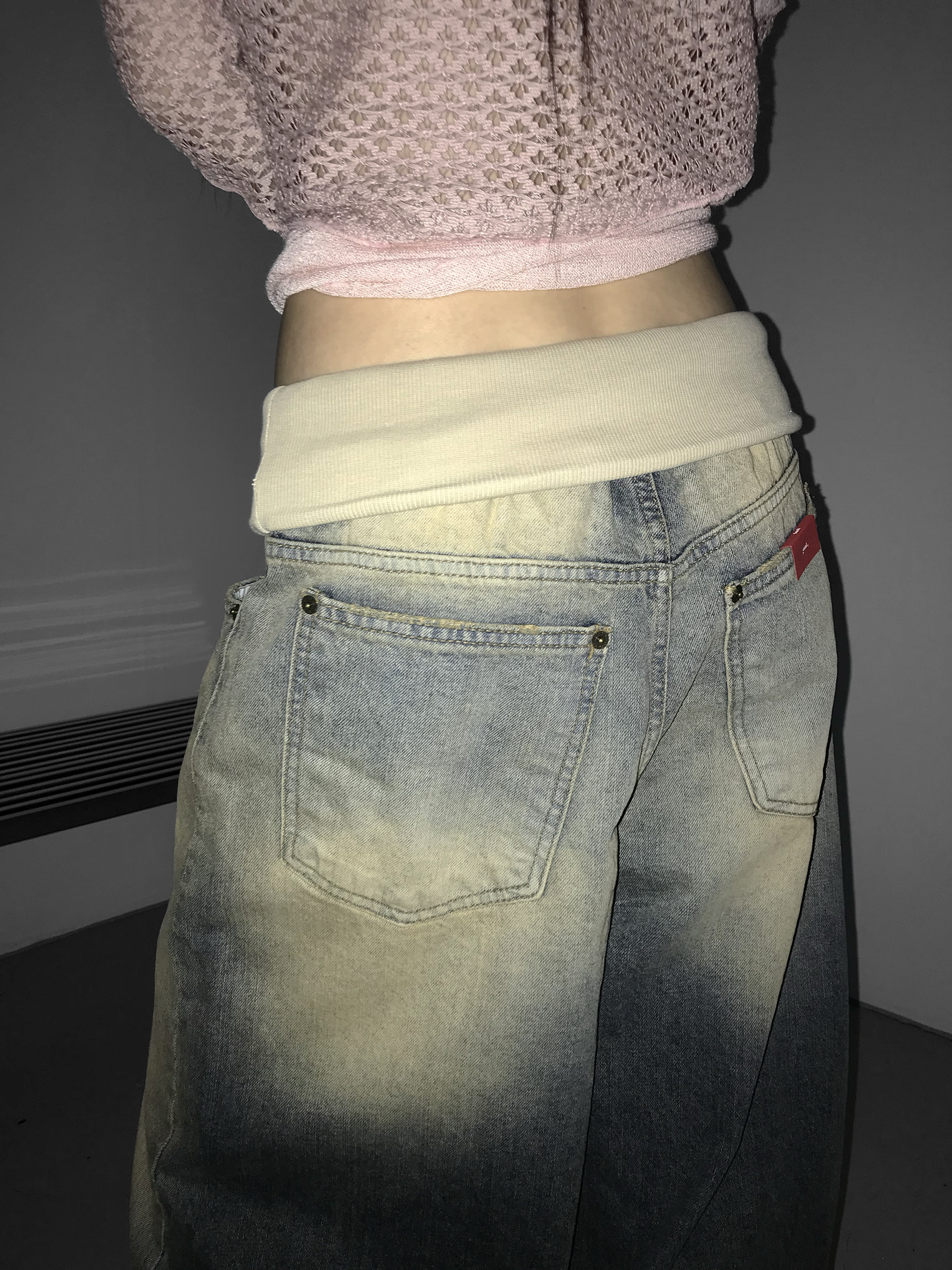 Vintage Washed Foldover-Waist Denim Pants