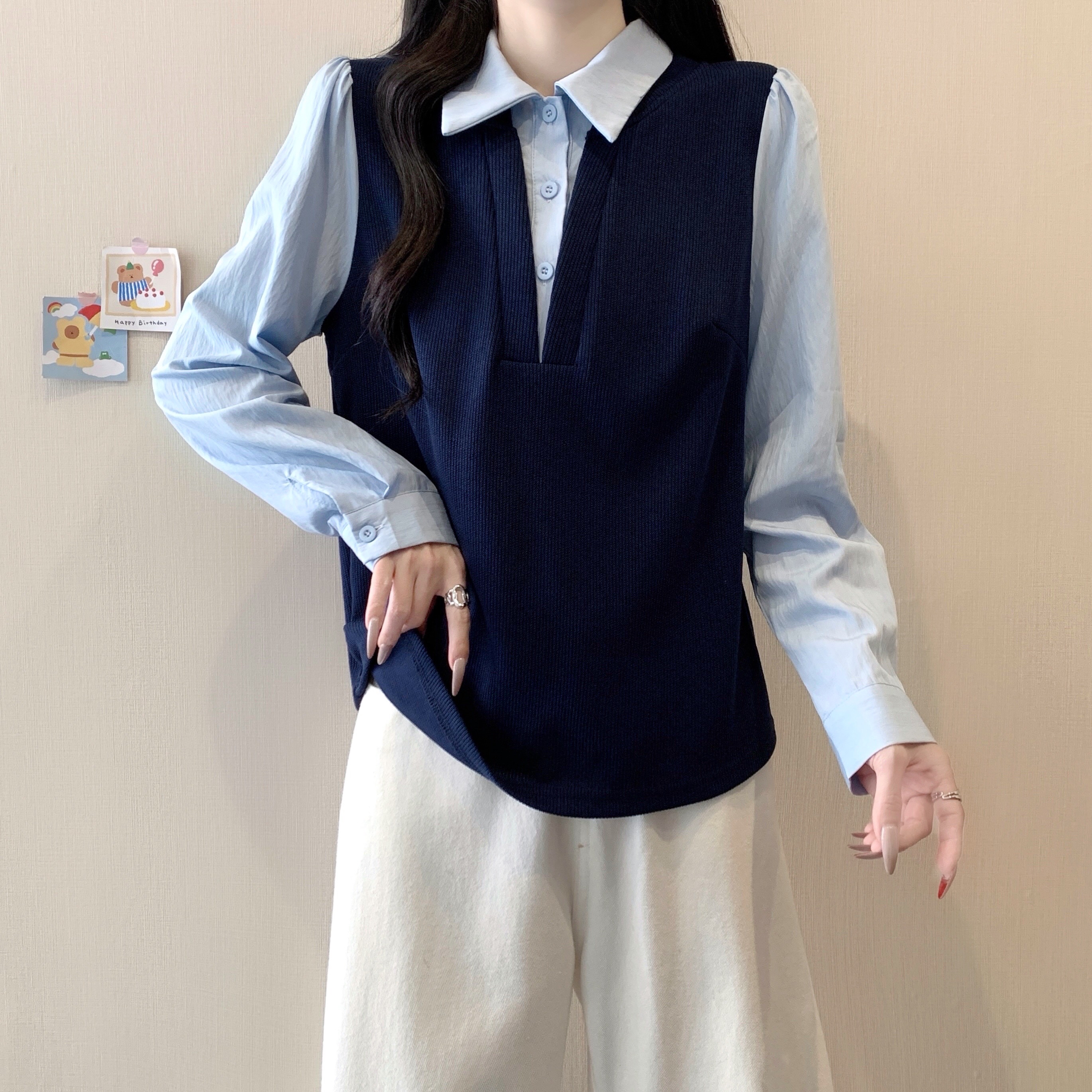 B52(80705) 韩系时尚撞色假两件拼接叠穿长袖衬衫灰蓝上衣