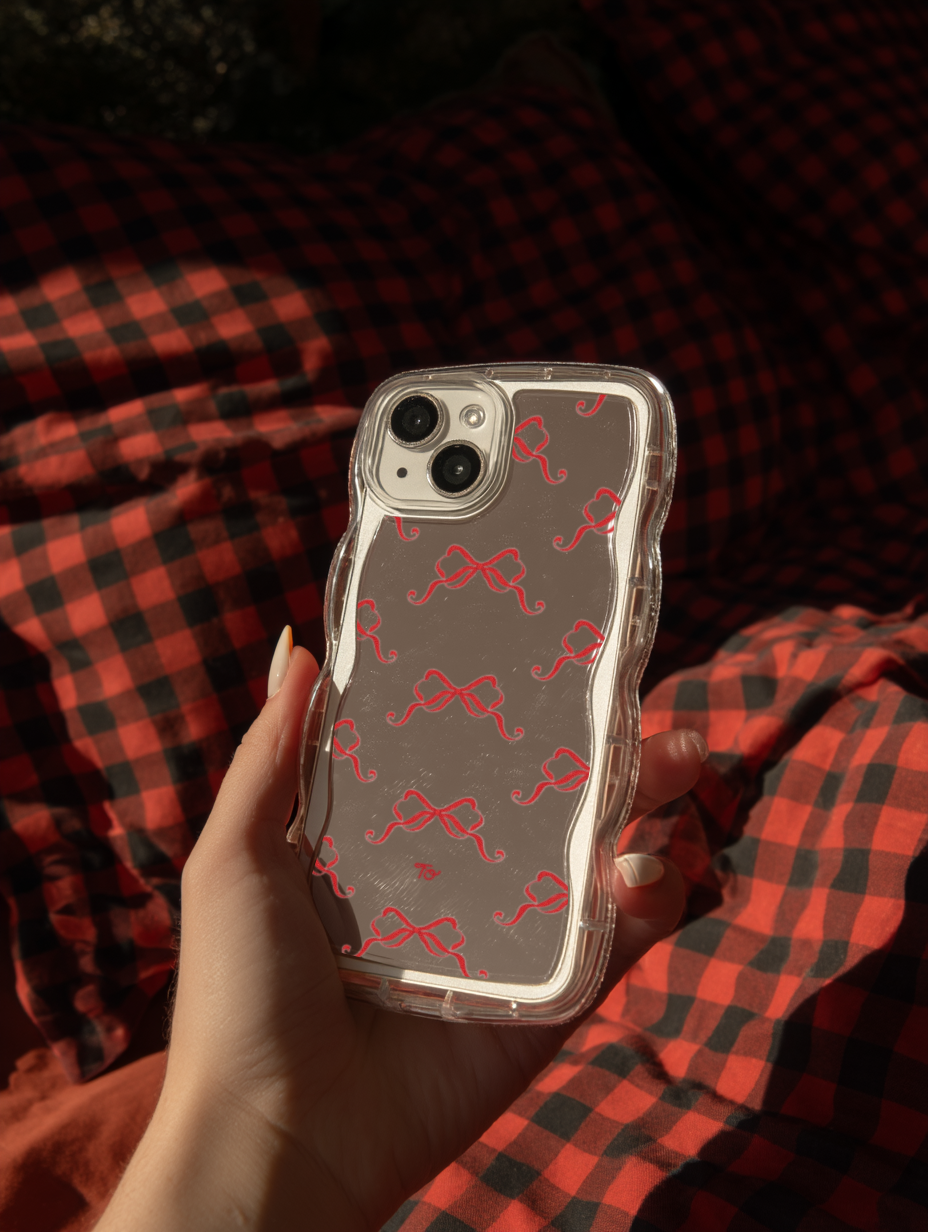 【Burgundy Ribbons in Full Printing】波浪邊框鏡面 iPhone Case