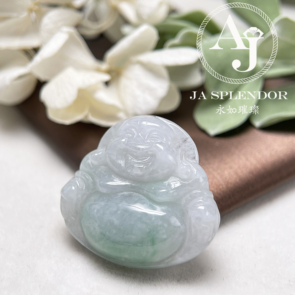 JN-10317 天然翡翠A玉 冰糯白底青大肚笑佛吊墜