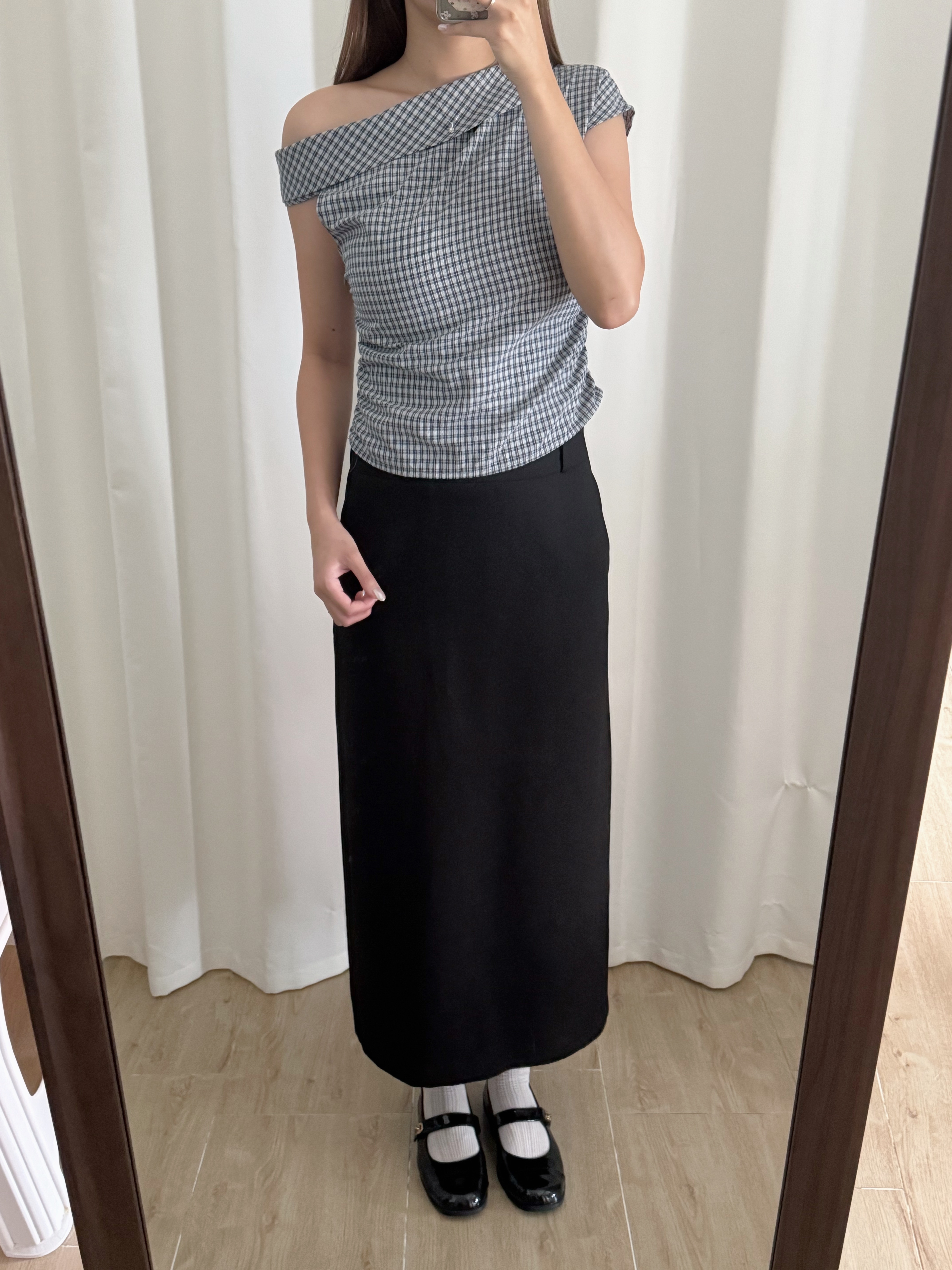 格子斜肩短袖上衣(兩色入)