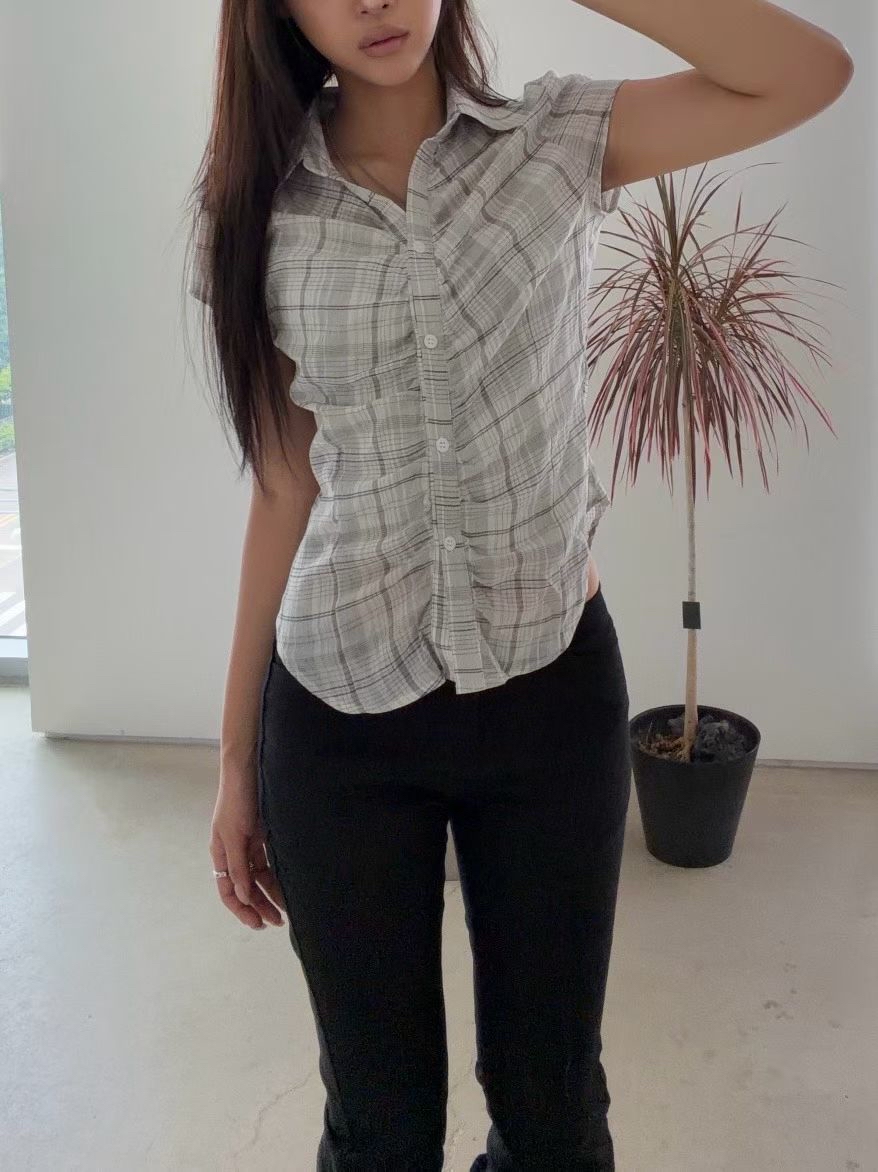 Plaid Shirred Button-Up Blouse