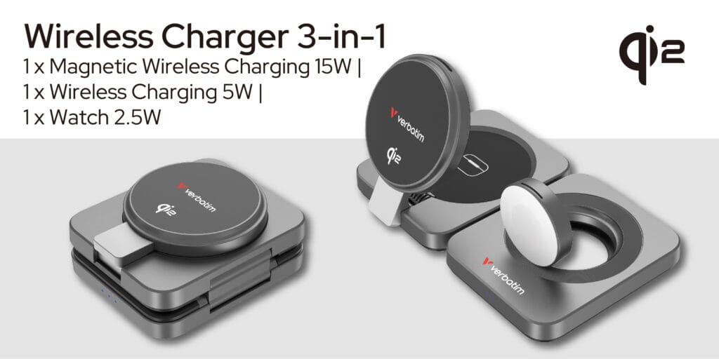 Verbatim 3 合 1 無線充電器：15W 磁吸無線充電、5W 無線充電、2.5W 手錶充電