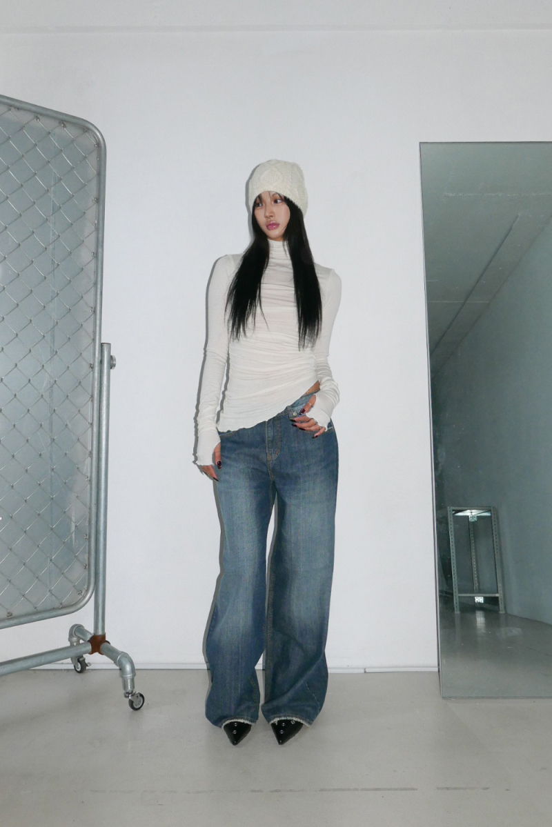 Ruched Asymmetrical Turtleneck Top