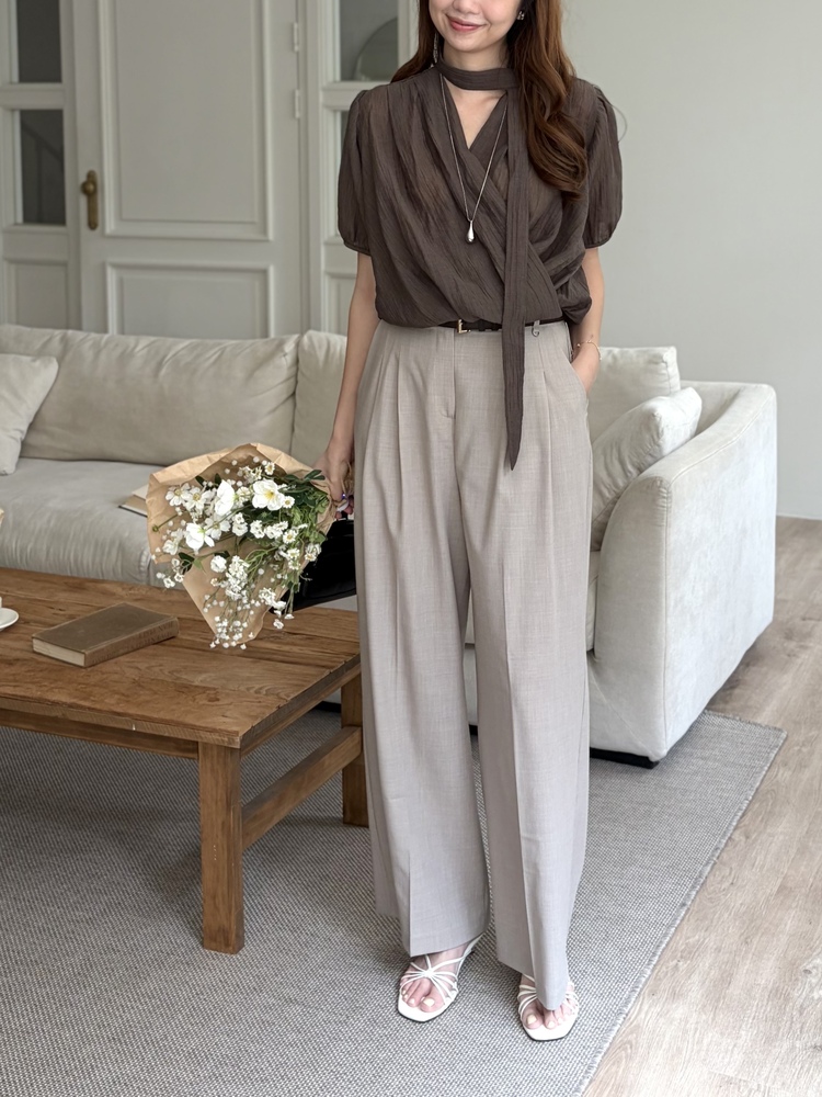 Louise Wrap Blouse with Tie (Brown)