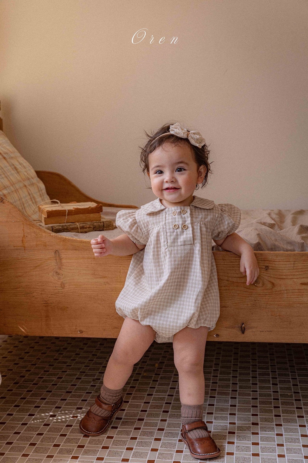 ☀️預訂 韓國直送☀️🇰🇷Oren 雙排鈕扣格紋翻領短袖包屁衣/連身裙/上下套裝