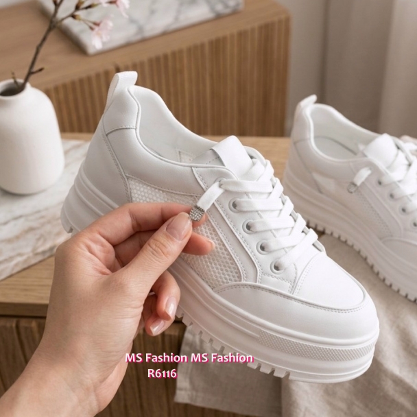 R6116 韓國🇰🇷真皮厚底拼網料sneakers