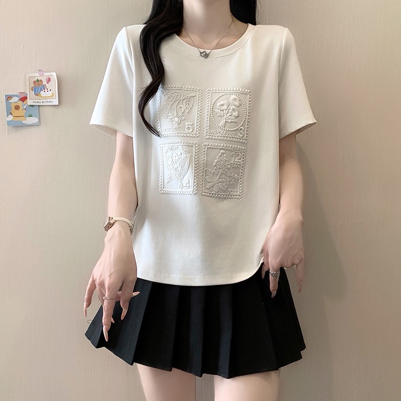 B68(3973) 韩系小香风同色系小花刺绣邮票蓝白上衣