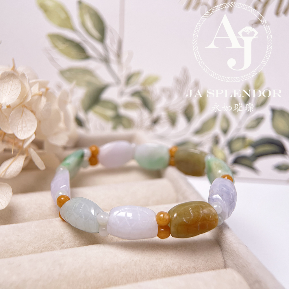 OF-06-I 天然翡翠A玉 - 冰潤三彩長壽吉祥龜貝手串(特價處理不設退換)