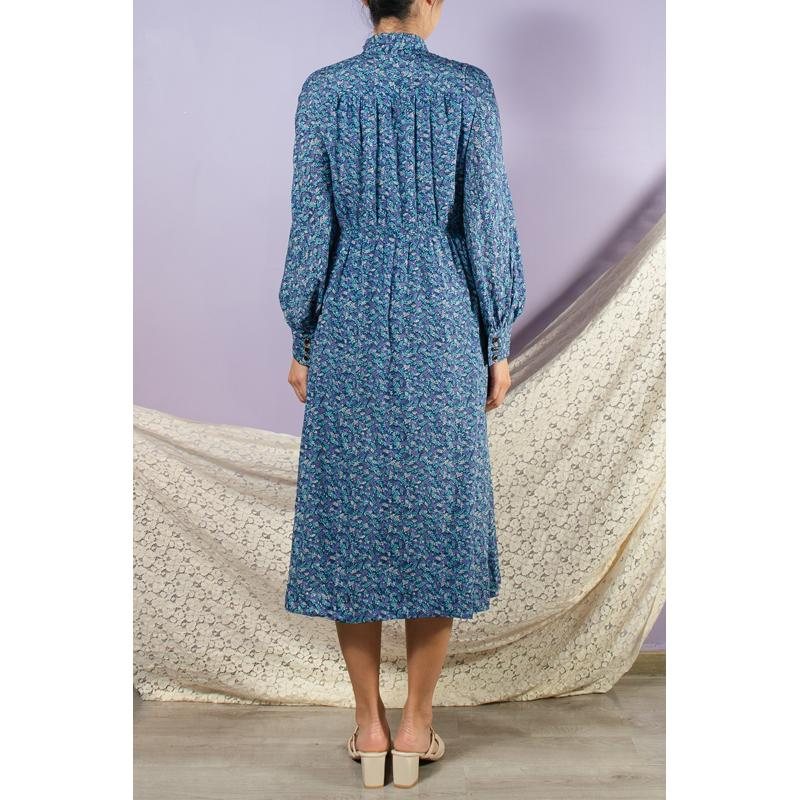 Vintage Japanese Trio-Colour Floral Pattern Tie Collar Day Dress (MT1608-129)