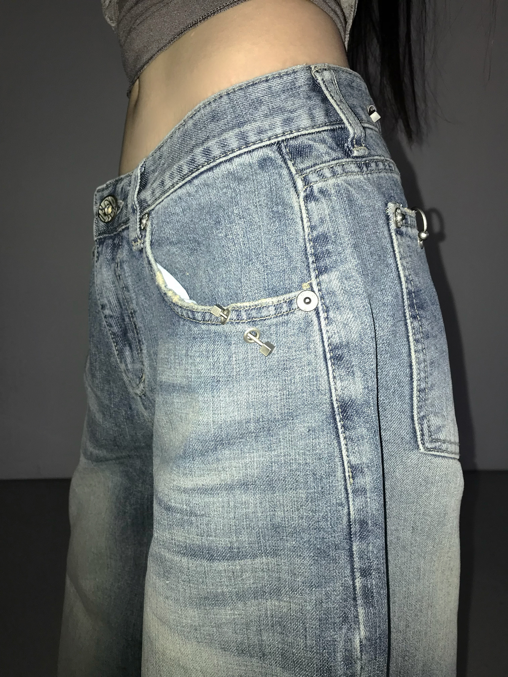 Metal Hook Washed Wide-Leg Denim