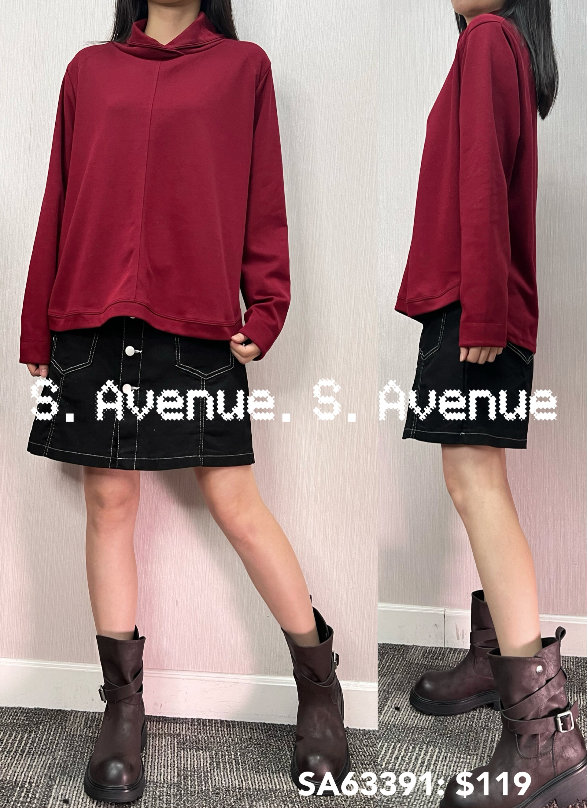 SA63391: 長袖反領前有骨顯瘦淨色tee