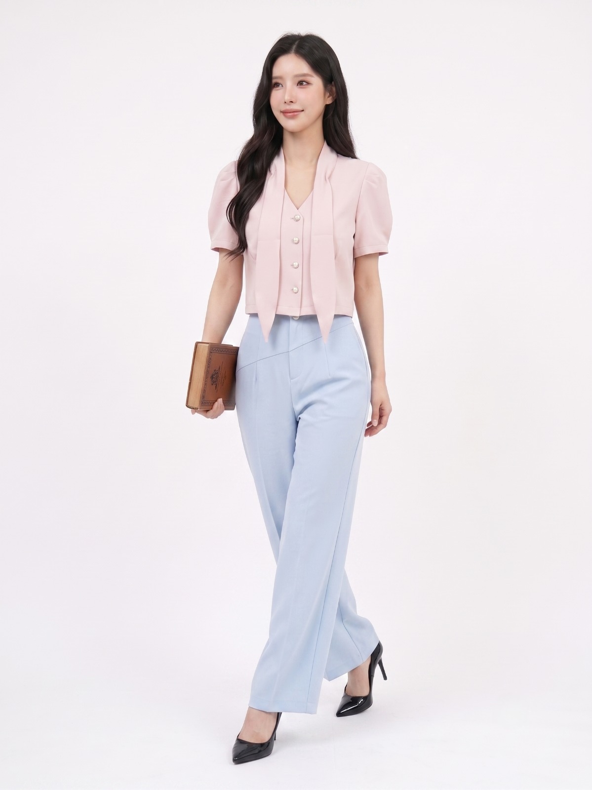 2151BB Avery Pearl Tie-Neck Crop Blouse
