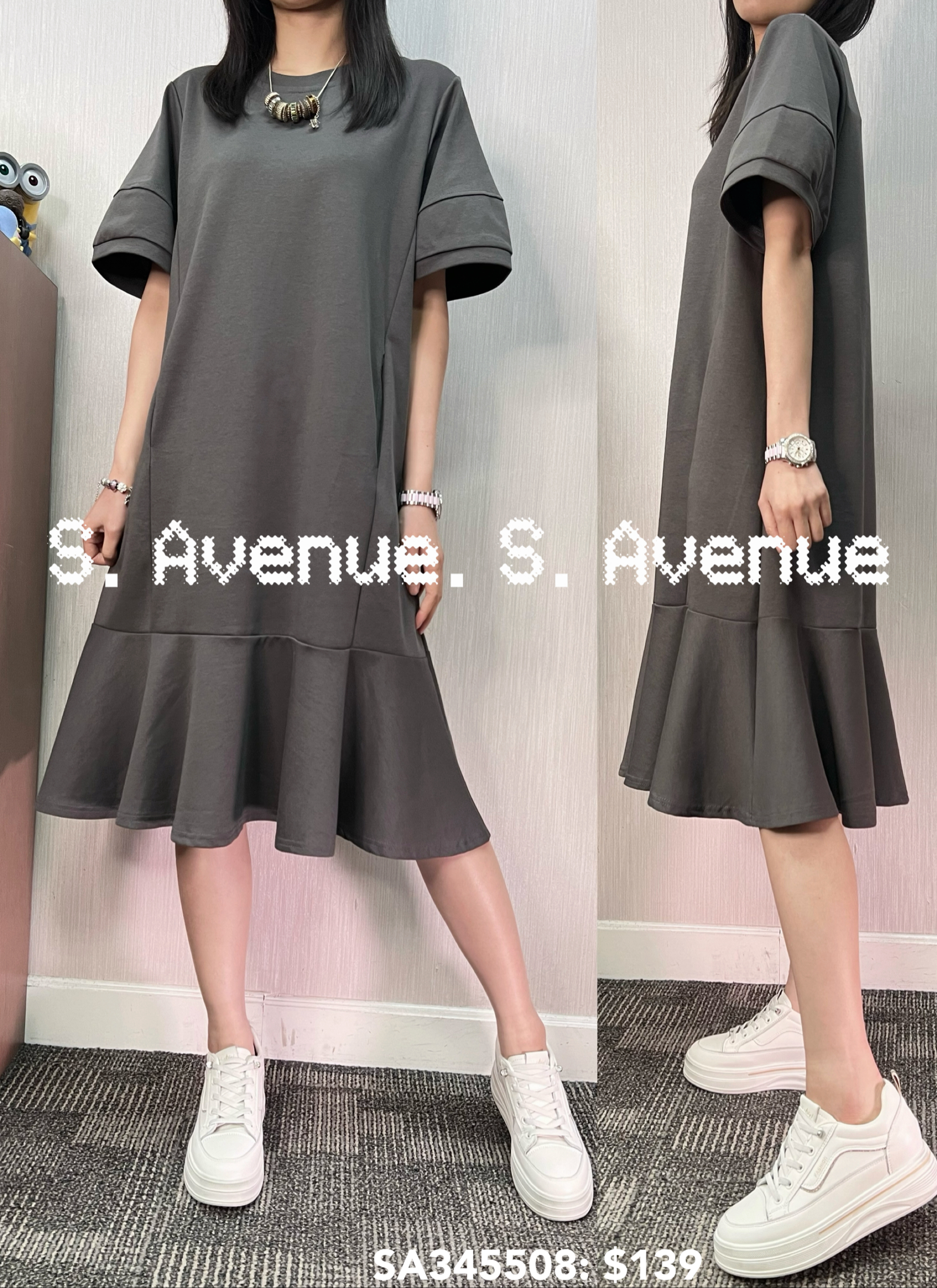 SA345508: 短袖泡泡袖淨色簡約魚尾op