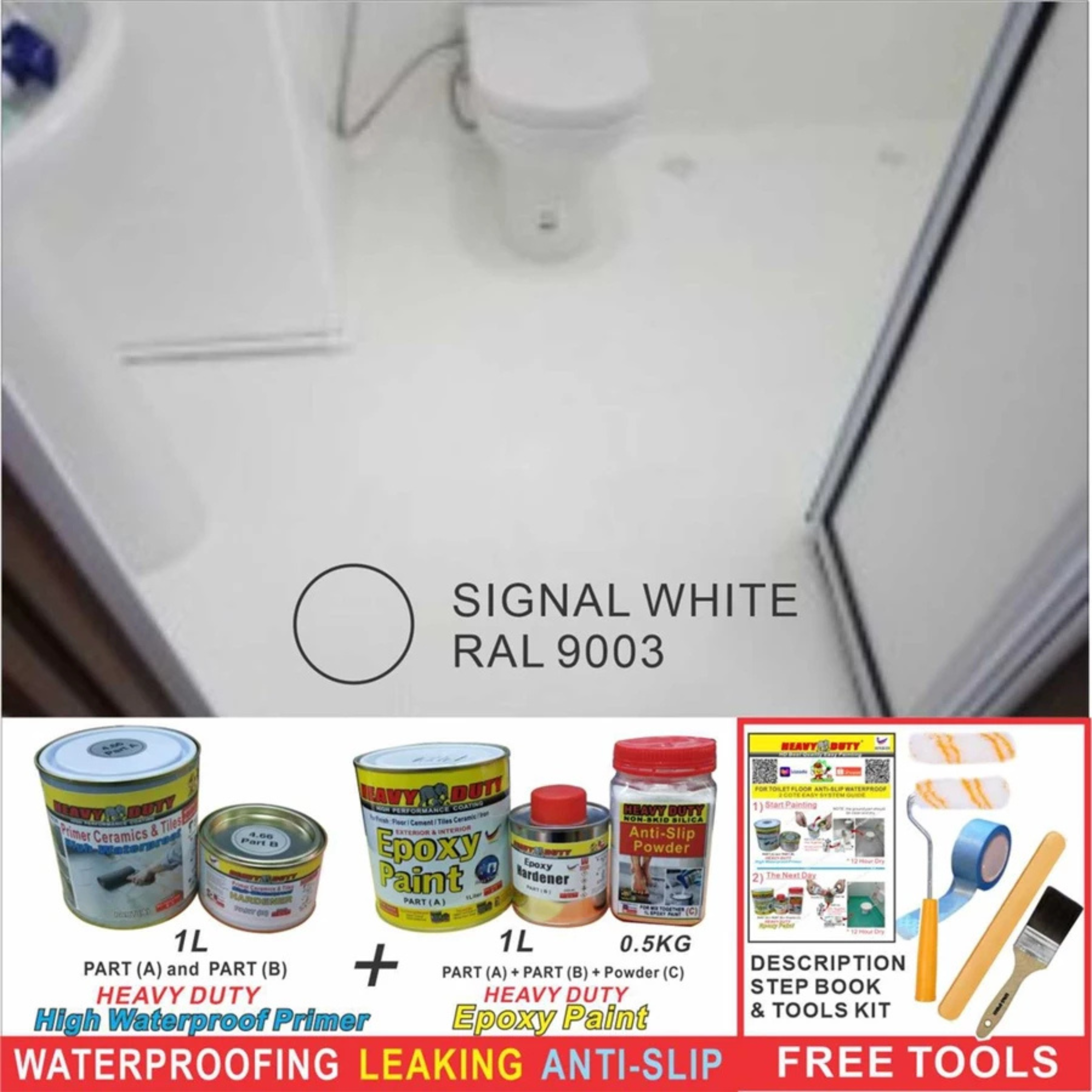 FULL SET (HEAVY DUTY BRAND) Floor Coating (Free Paint Tool Set) 1L Tile Primer + 1L Epoxy Colour + 0.5kg Non-skid Silic