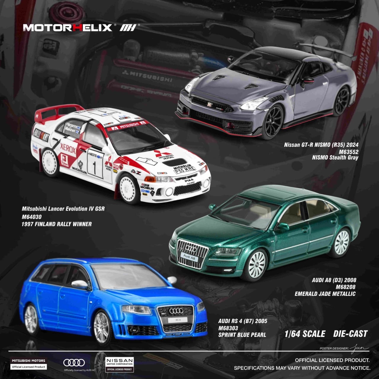 (預訂 Pre Order) Motorhelix (M68303) RS4(B7) 2005 / (M68208) A8 (D3) 2008/(M64030) Lancer EVO IV GSR/(M63552) GTR Nismo R35 2024