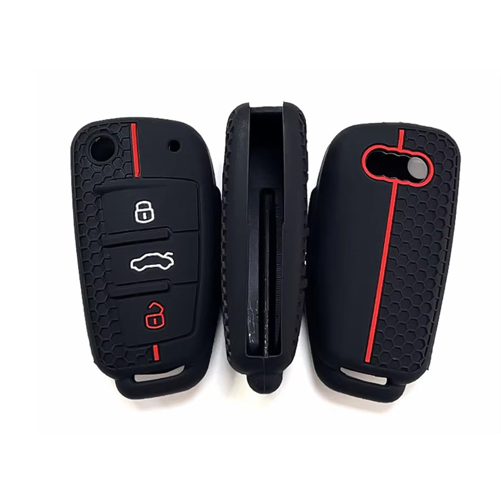 適用奧迪A3硅膠鑰匙套  黑色 折疊3鍵 蜂窩紅線 UA0542