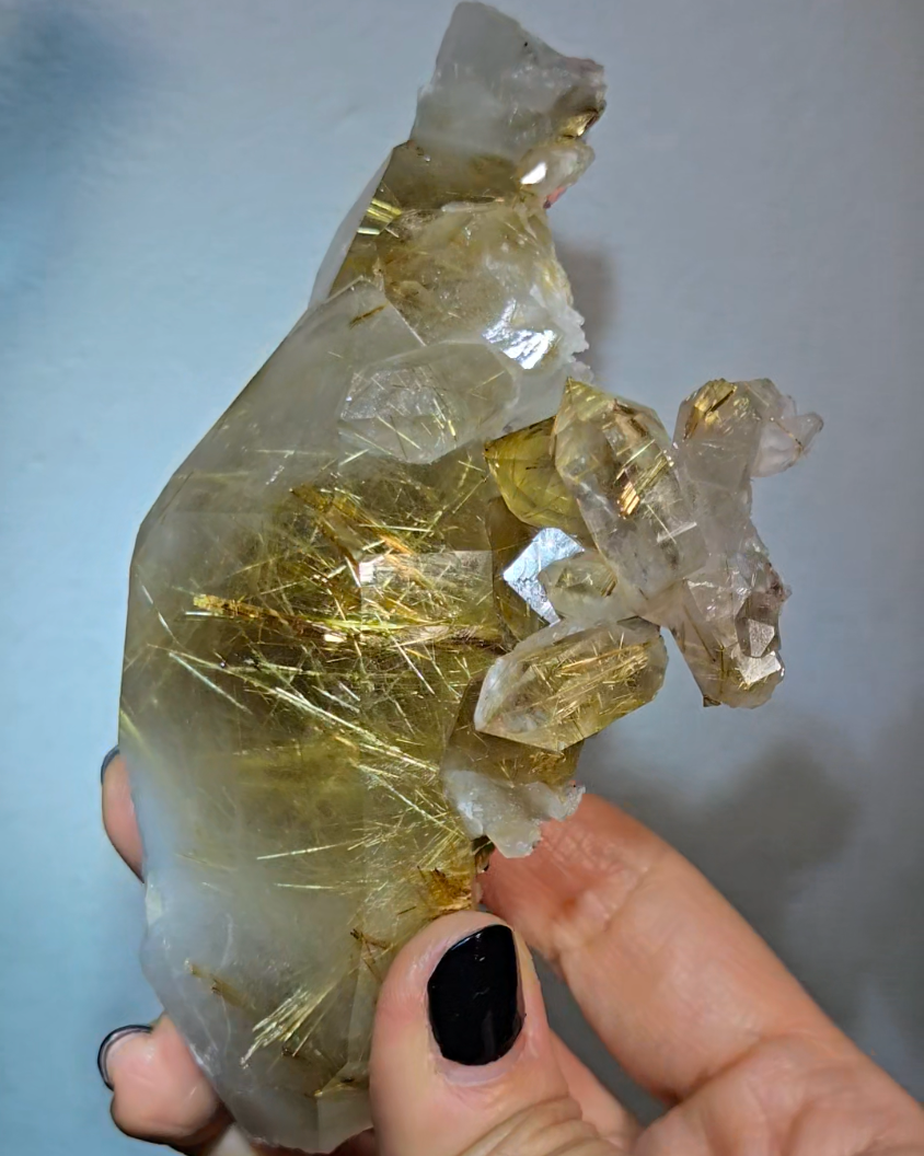 Golden titanium rutiles on black hematite in quartz cluster - RT1443