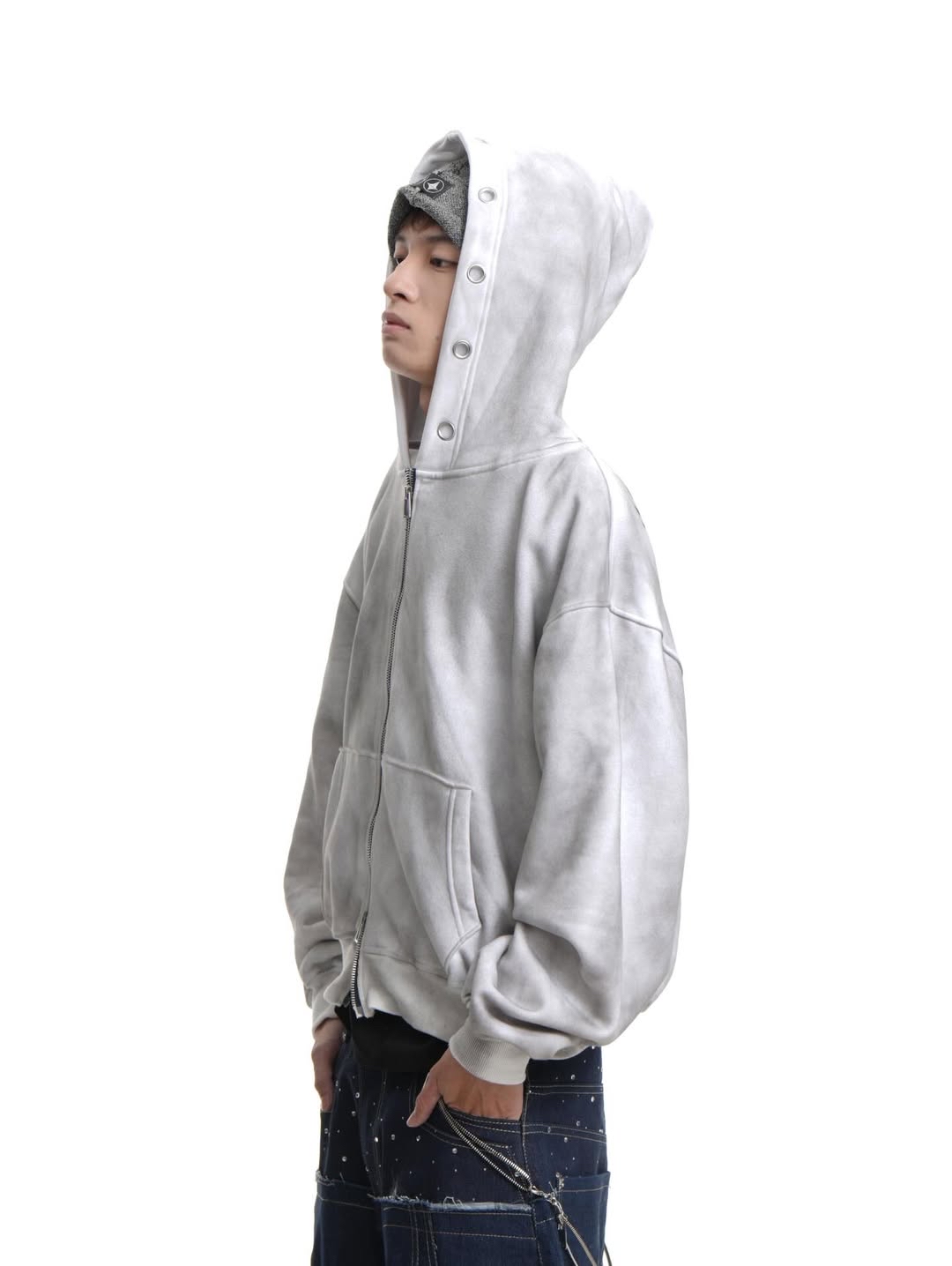 NOB WAX DIRT WHITE ZIP-UP HOODIE