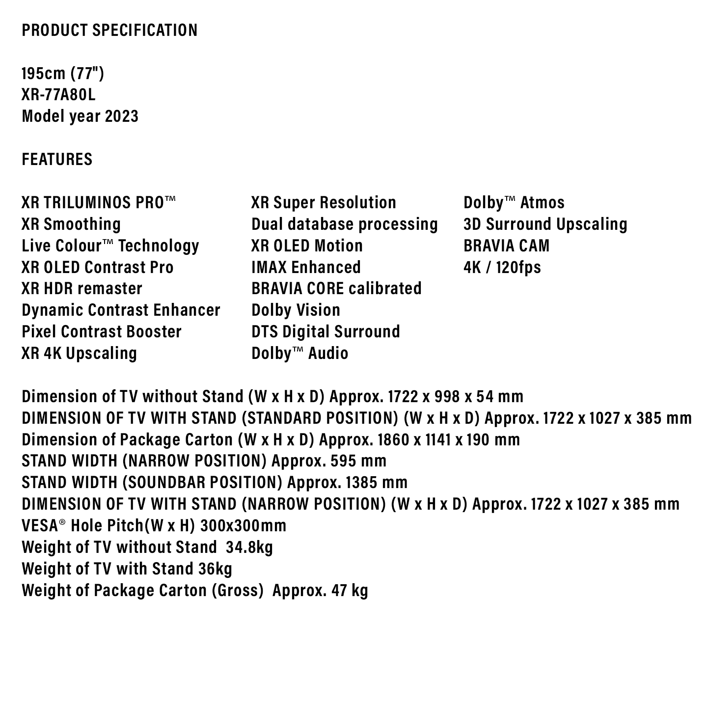 Sony 77" BRAVIA XR OLED 4K Google TV (XR-77A80L)
