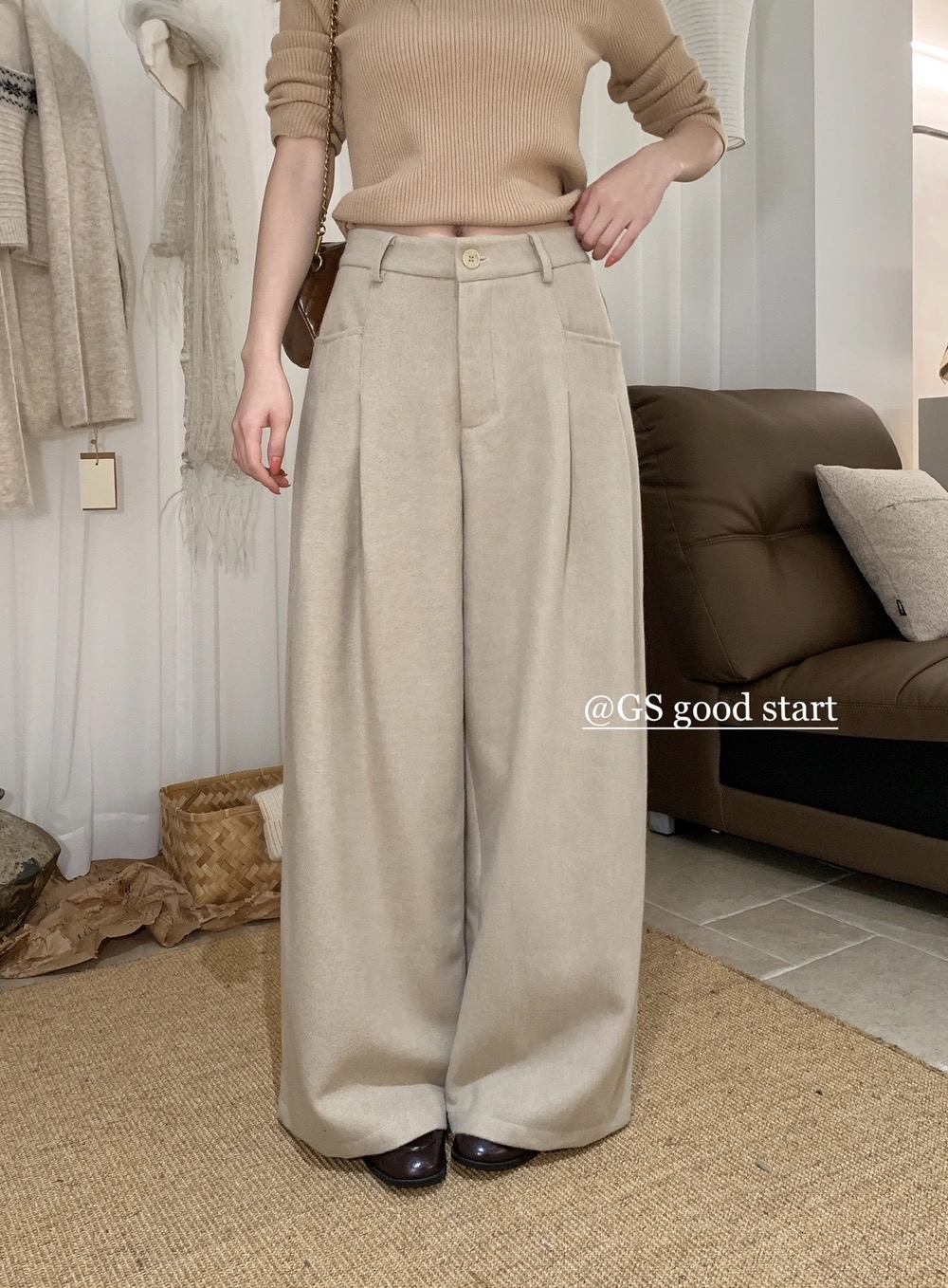 韩系气质百搭毛呢宽松休闲裤(含5%羊毛) Korean Elegant Casual Wool Blend Loose Pants (5% Wool)
