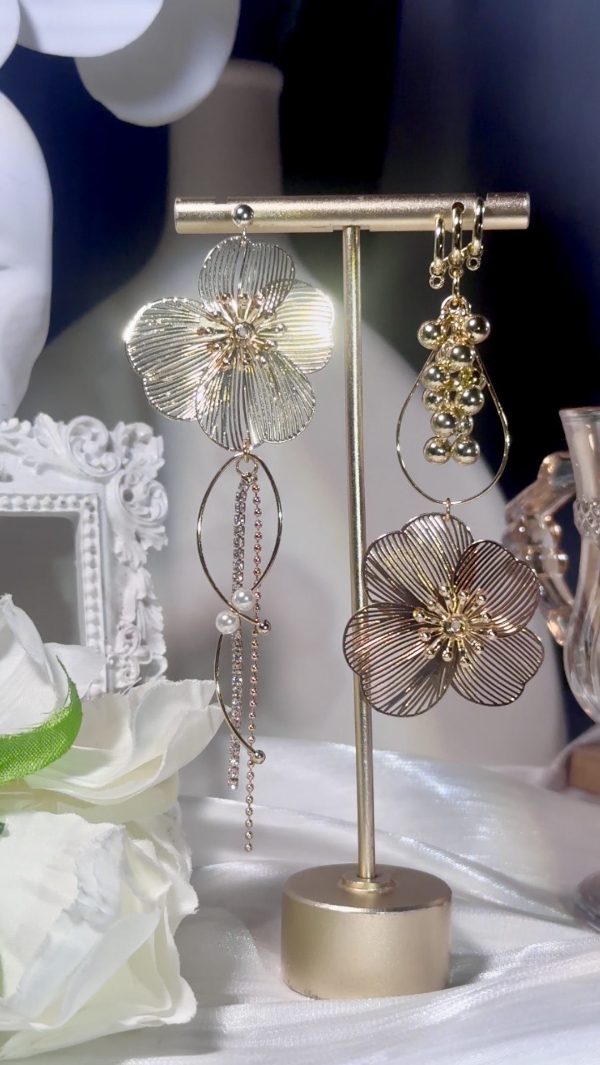 日系鴛鴦銀絲花耳環(金)