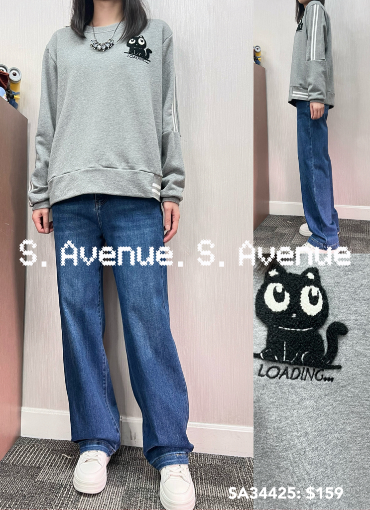 SA34425: 長袖繡小貓袖白邊衞衣