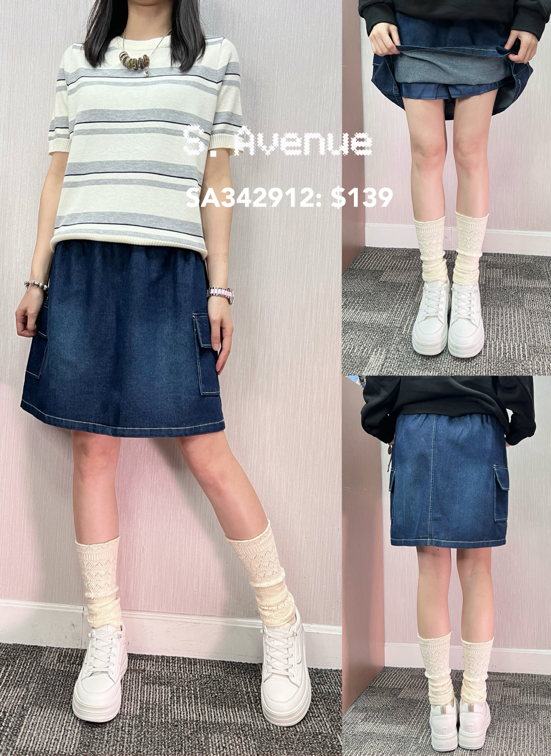 SA342912: 橡筋腰側軍袋牛仔裙