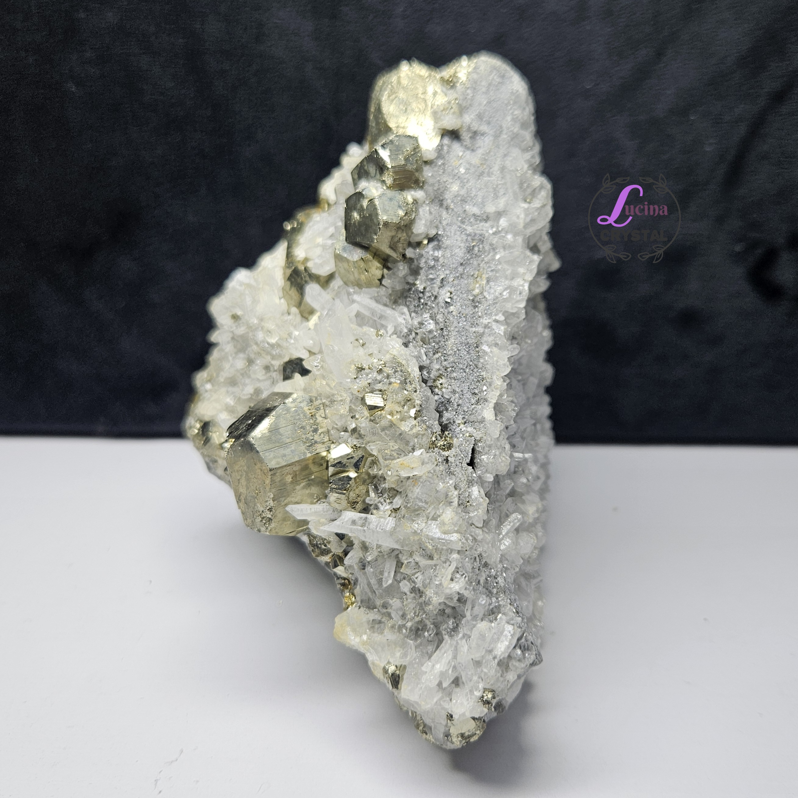 (Co#LC8546)白水晶共生黃鐵礦晶簇/White Quartz Crystal Cluster with 𝘗𝘺𝘳𝘪𝘵𝘦