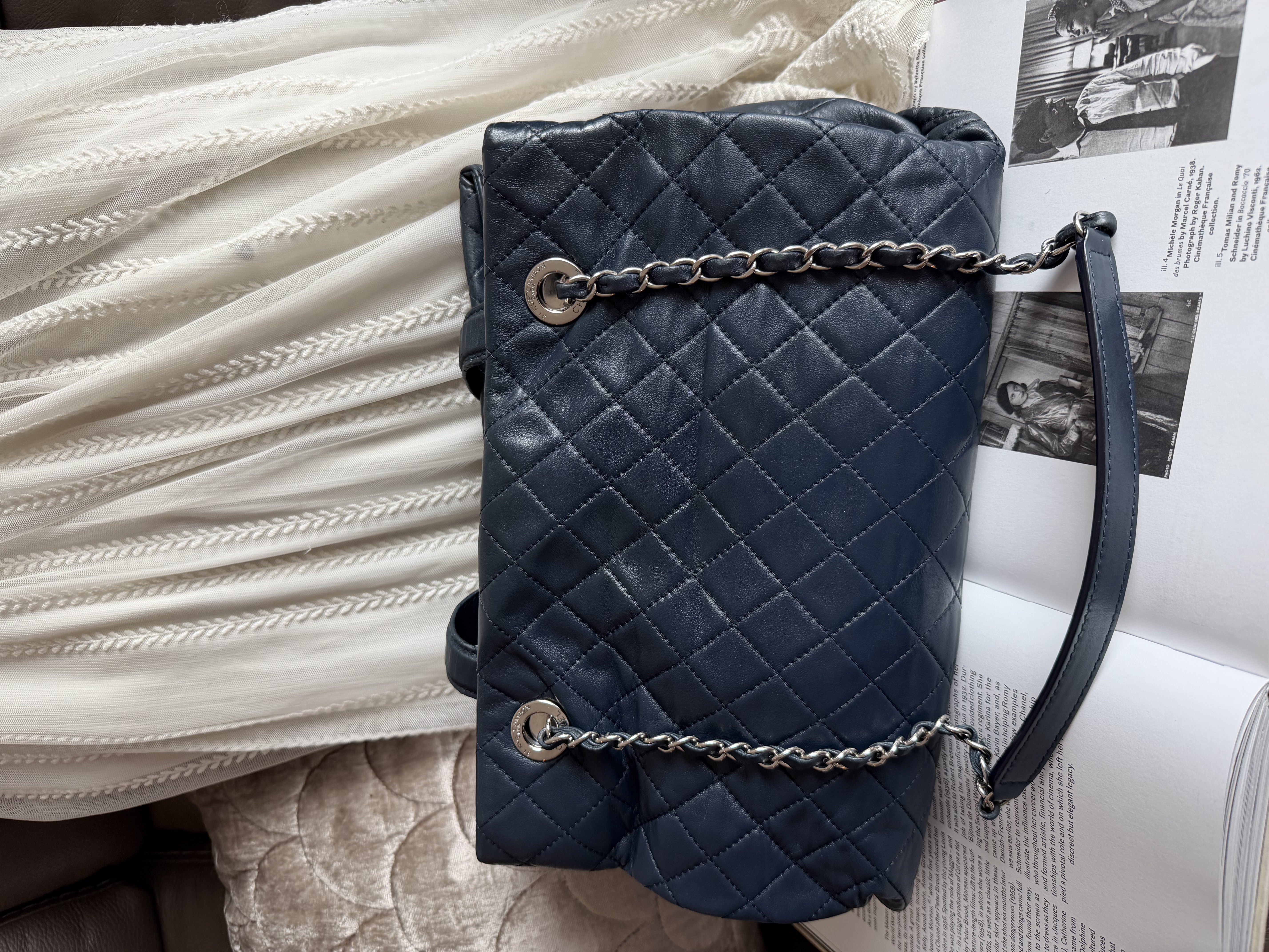 Chanel quilted matelasse navy leather chain bag
