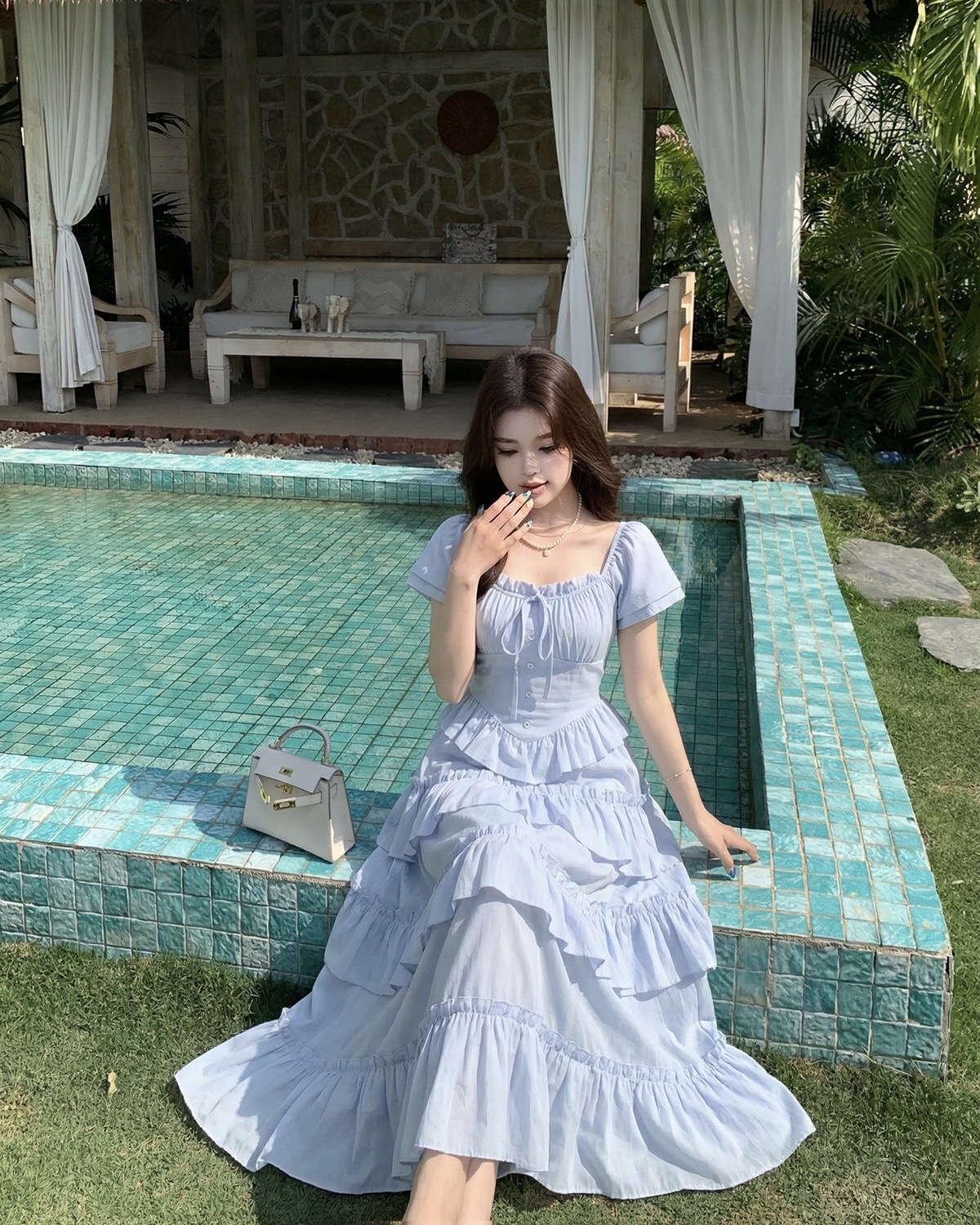 B189(8665) 法式蝴蝶结系带领边显瘦腰荷叶拼下摆层层蛋糕荷叶蓝连身裙 