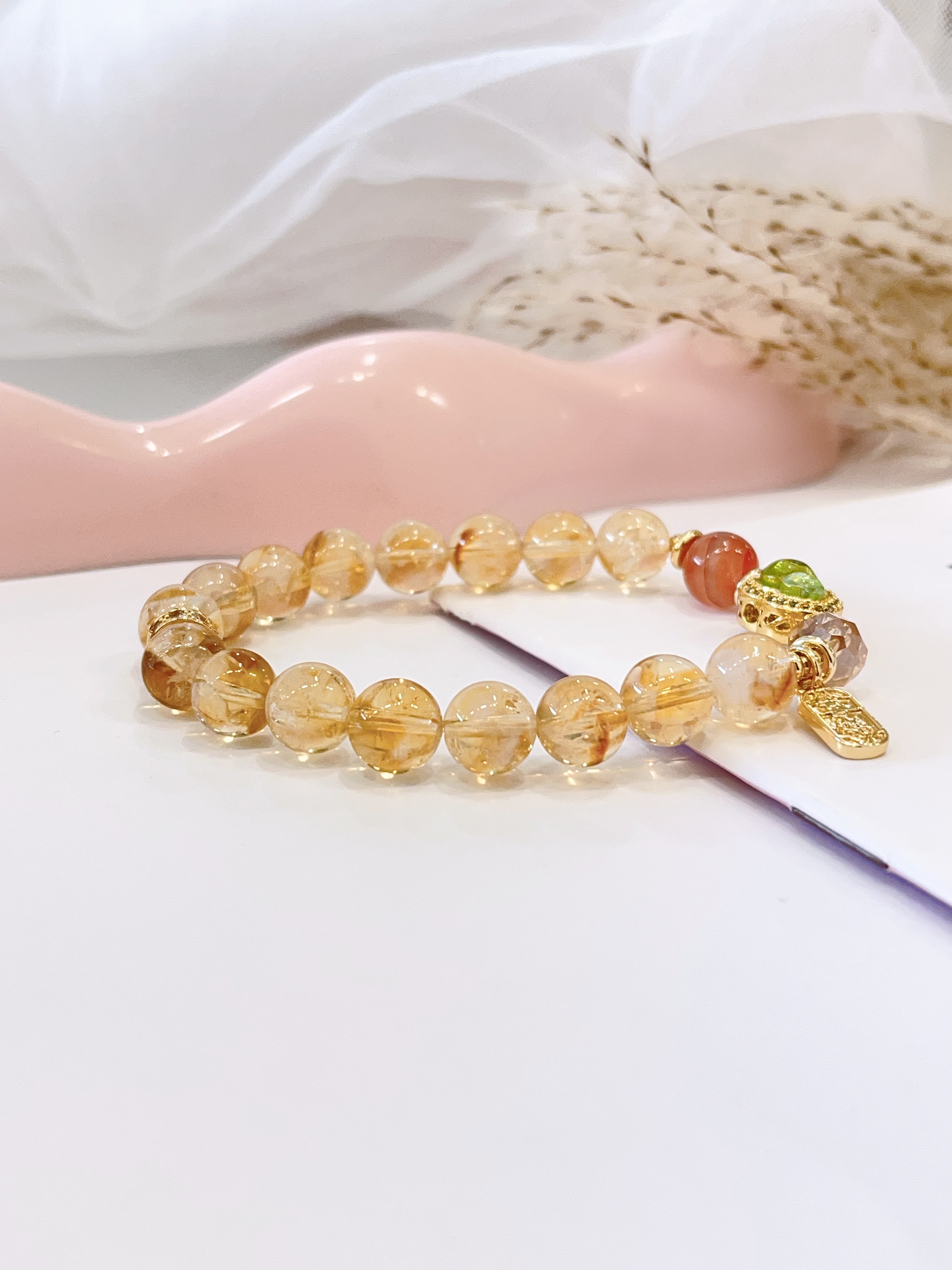 💛 黄塔晶 × 冰飘南红 × 葫芦吊饰手串 Citrine, Icy Nanhong Agate & Gourd Charm | 8mm